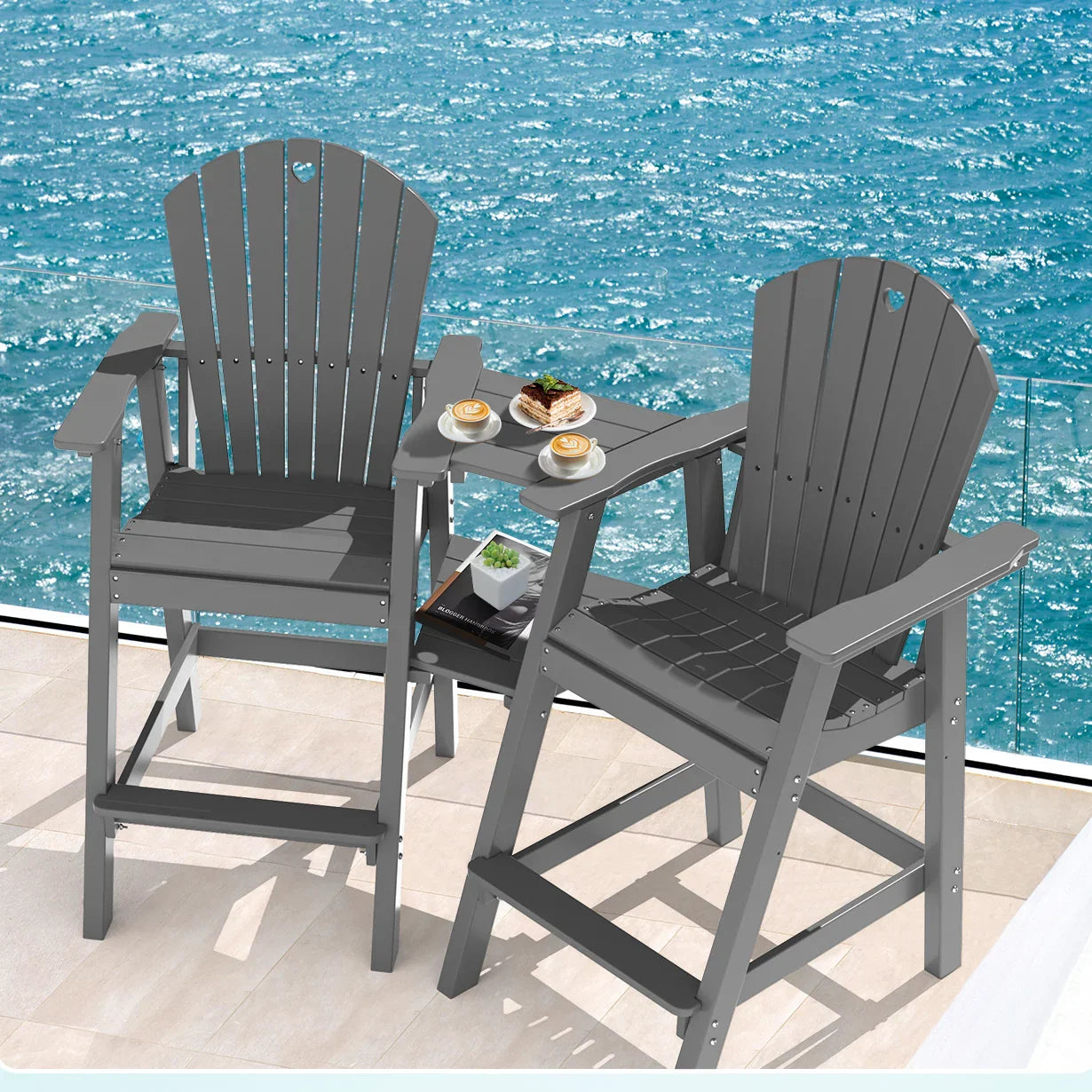 Tall Adirondack Chairs Set of 2-Durable HDPE Outdoor Bar Stools with Double Connecting Tray, Weatherproof Patio Furniture for Poolside, Backyard, Deck & Lawn Relaxation - Gardenjoy