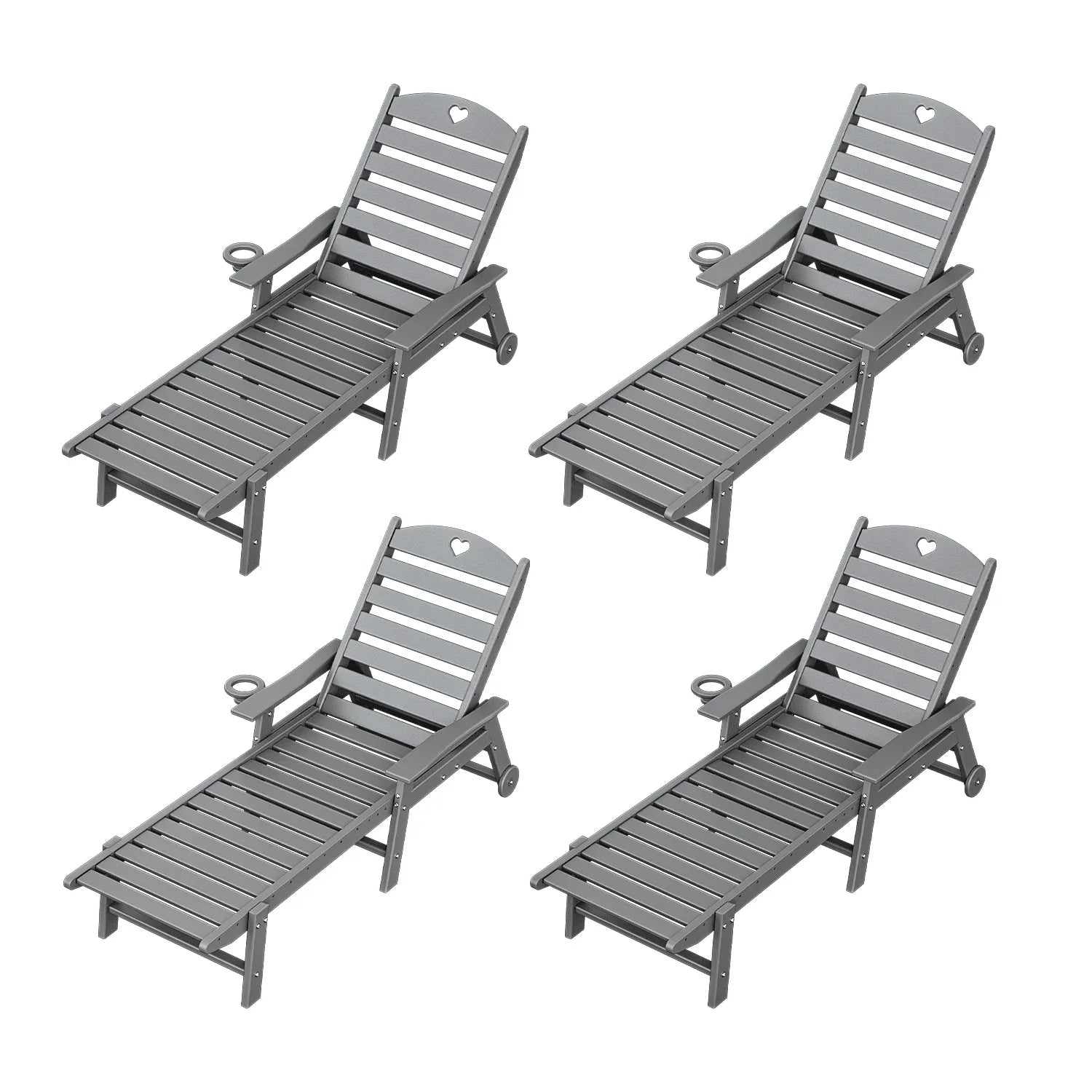 Outdoor lounge chair with cup holder, outdoor lounge chair with 5-position adjustable backrest, HDPE lounge chair for poolside, patio, deck and backyard, lounge chair with wheels - Gardenjoy
