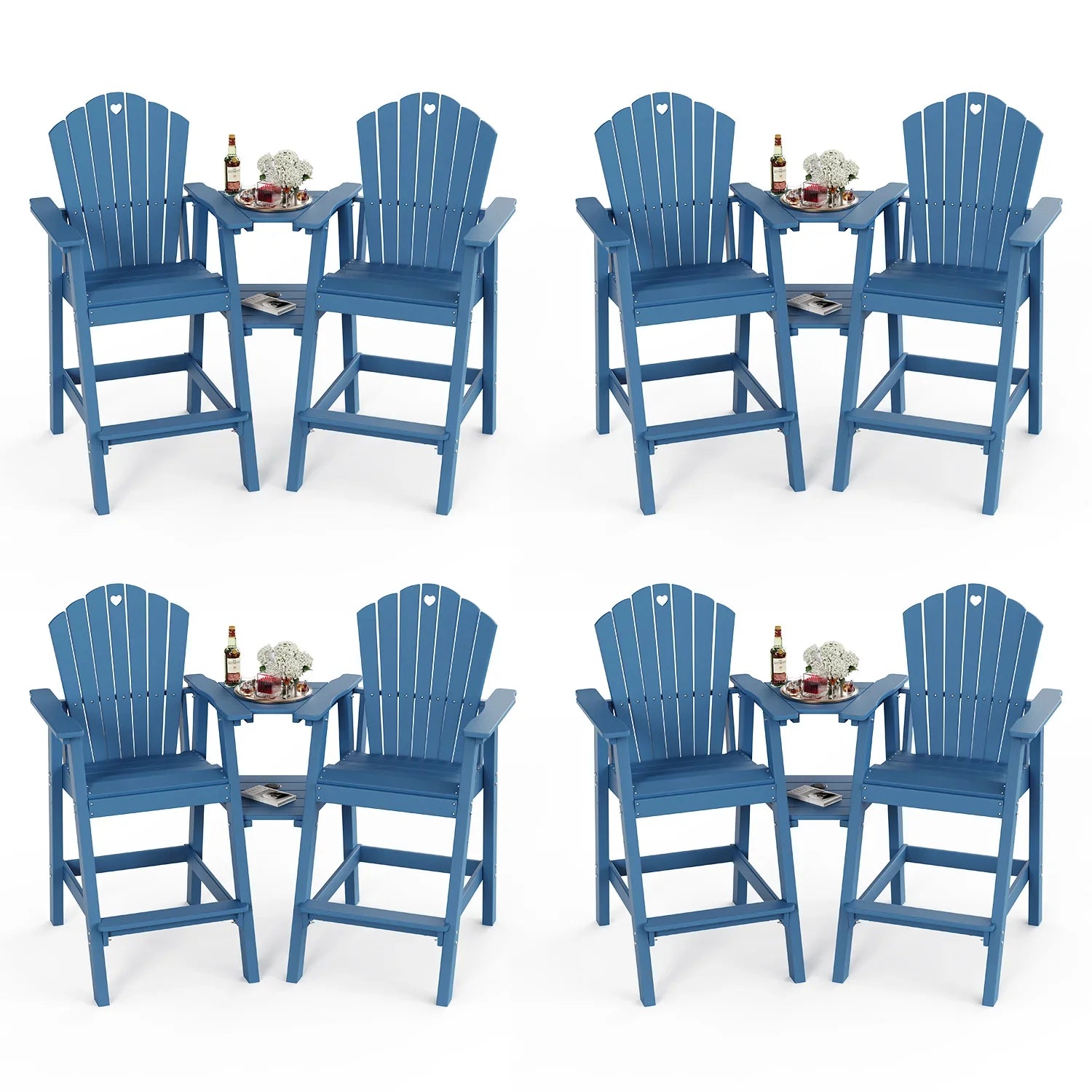 Tall Adirondack Chairs Set of 2 with Double Layer Connecting Table, HDPE Bar Height Outdoor Table and Chairs with Umbrella Hole, All Weather Outdoor Bar Stools for Patio, Deck, Backyard - Gardenjoy