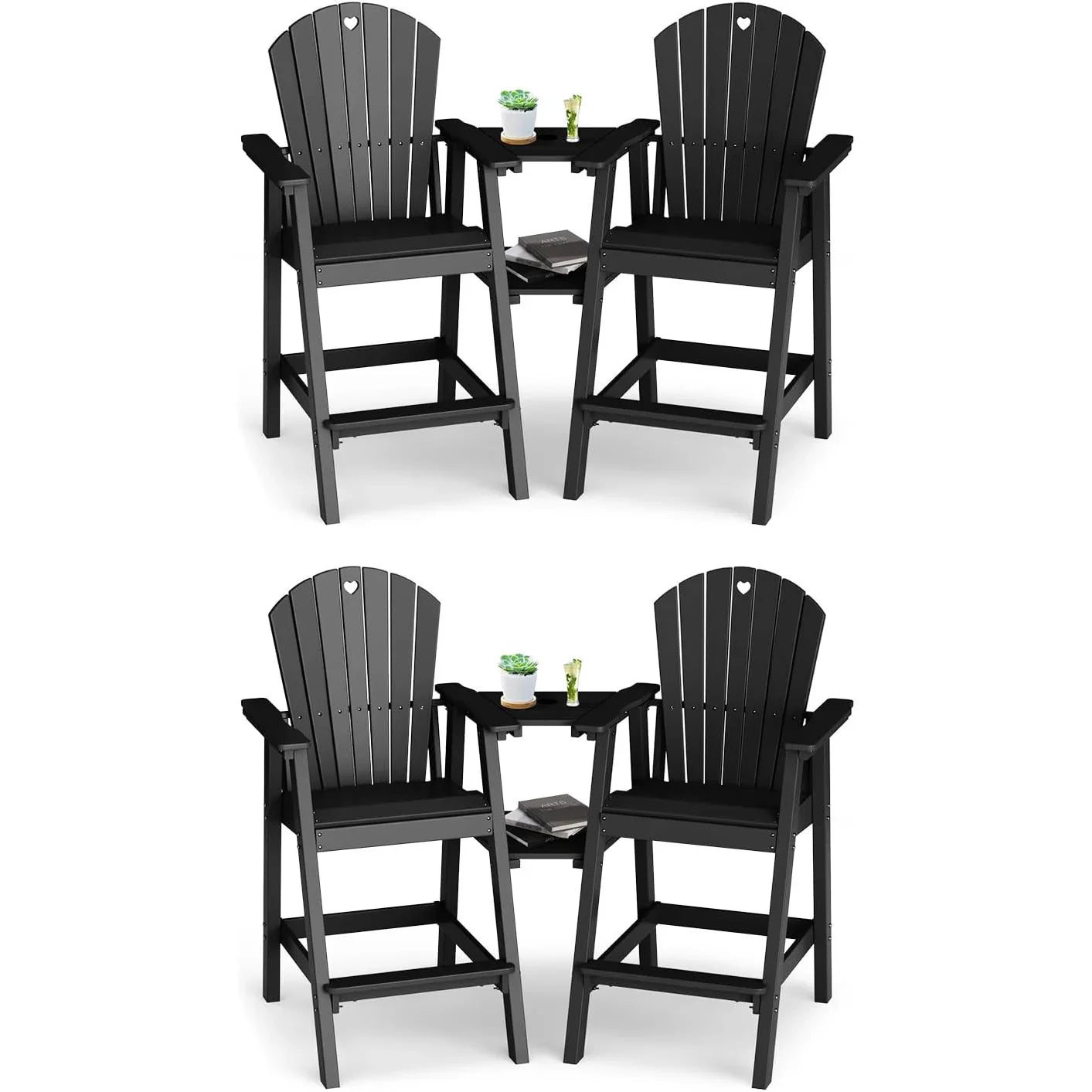 Tall Adirondack Chairs Set of 2-Durable HDPE Outdoor Bar Stools with Double Connecting Tray, Weatherproof Patio Furniture for Poolside, Backyard, Deck & Lawn Relaxation - Gardenjoy