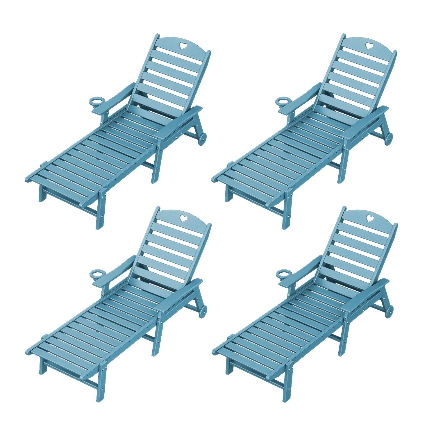 Outdoor lounge chair with cup holder, outdoor lounge chair with 5-position adjustable backrest, HDPE lounge chair for poolside, patio, deck and backyard, lounge chair with wheels - Gardenjoy