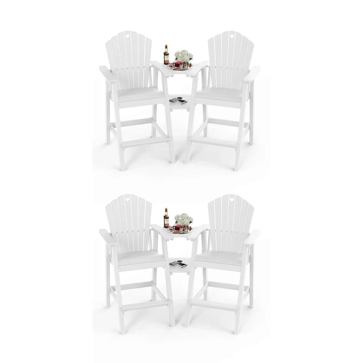 Tall Adirondack Chairs Set of 2 with Double Layer Connecting Table, HDPE Bar Height Outdoor Table and Chairs with Umbrella Hole, All Weather Outdoor Bar Stools for Patio, Deck, Backyard - Gardenjoy