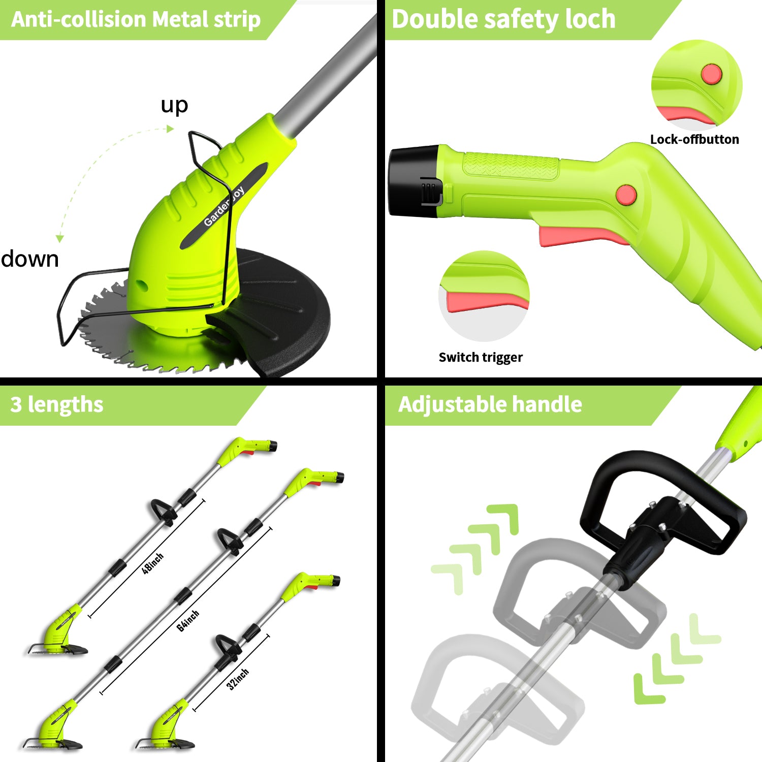 12V Cordless Grass Trimmer with 2.0Ah Batteries, Fast Charger and 2 Types Cutting Blades - Green