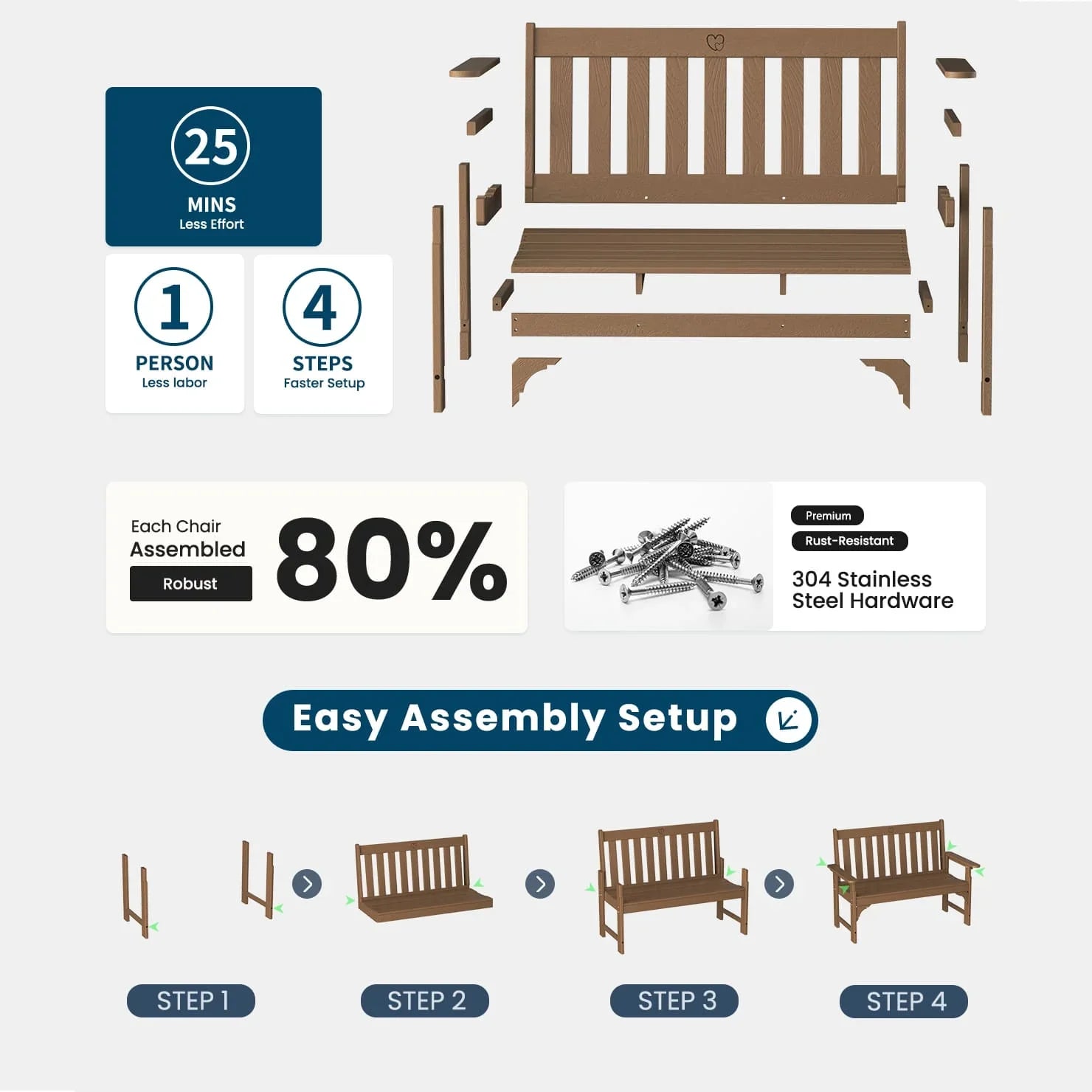 Outdoor Bench|2-Person HDPE Garden Bench |with Heart Detail & Wood Grain|680 LBS Capacity|All-Weather|  Porch, Backyard & Park - Gardenjoy