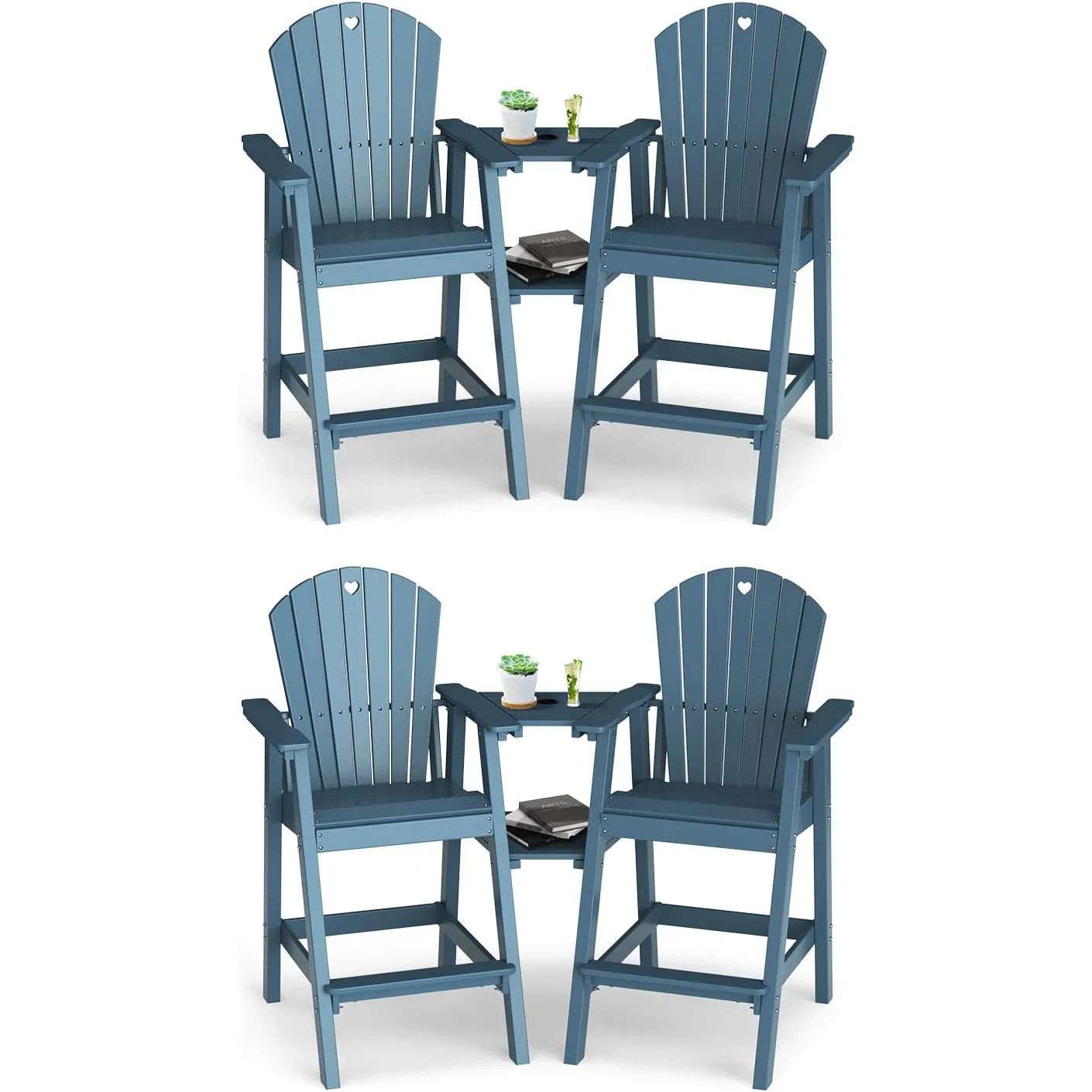 Tall Adirondack Chairs Set of 2-Durable HDPE Outdoor Bar Stools with Double Connecting Tray, Weatherproof Patio Furniture for Poolside, Backyard, Deck & Lawn Relaxation - Gardenjoy