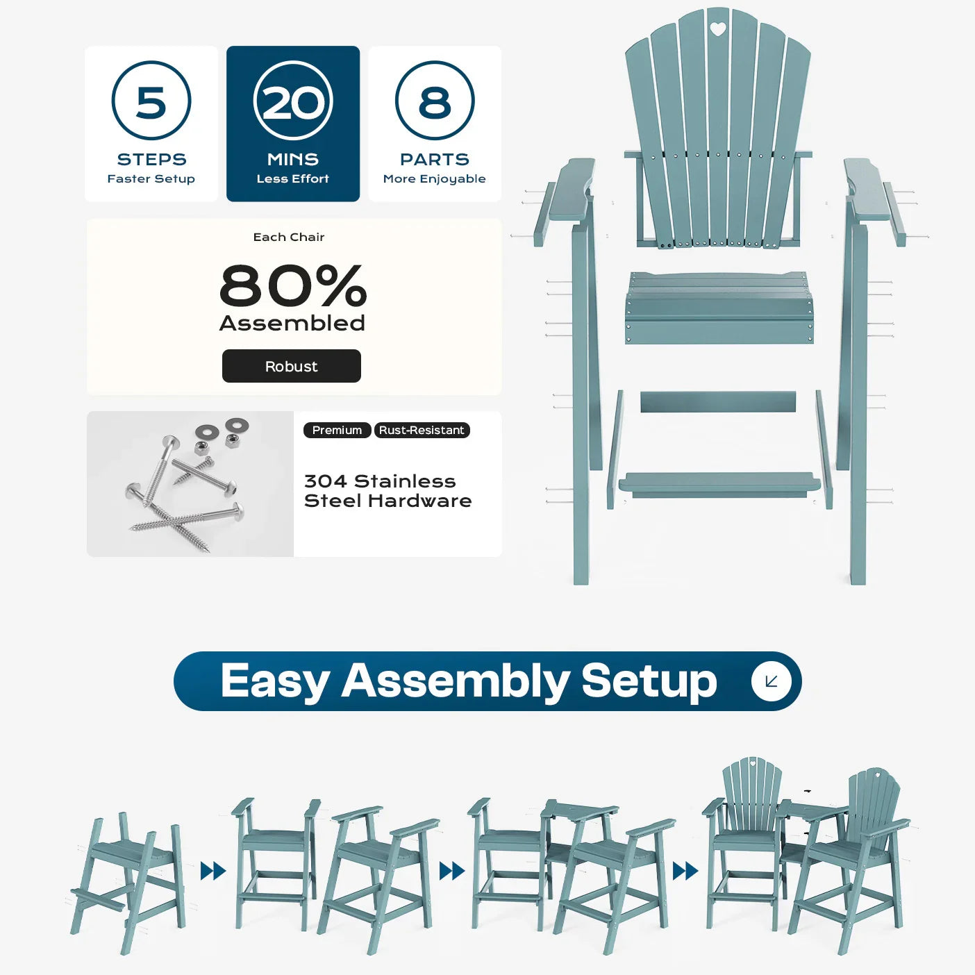 Tall Adirondack Chairs Set of 2 with Double Layer Connecting Table, HDPE Bar Height Outdoor Table and Chairs with Umbrella Hole, All Weather Outdoor Bar Stools for Patio, Deck, Backyard - Gardenjoy