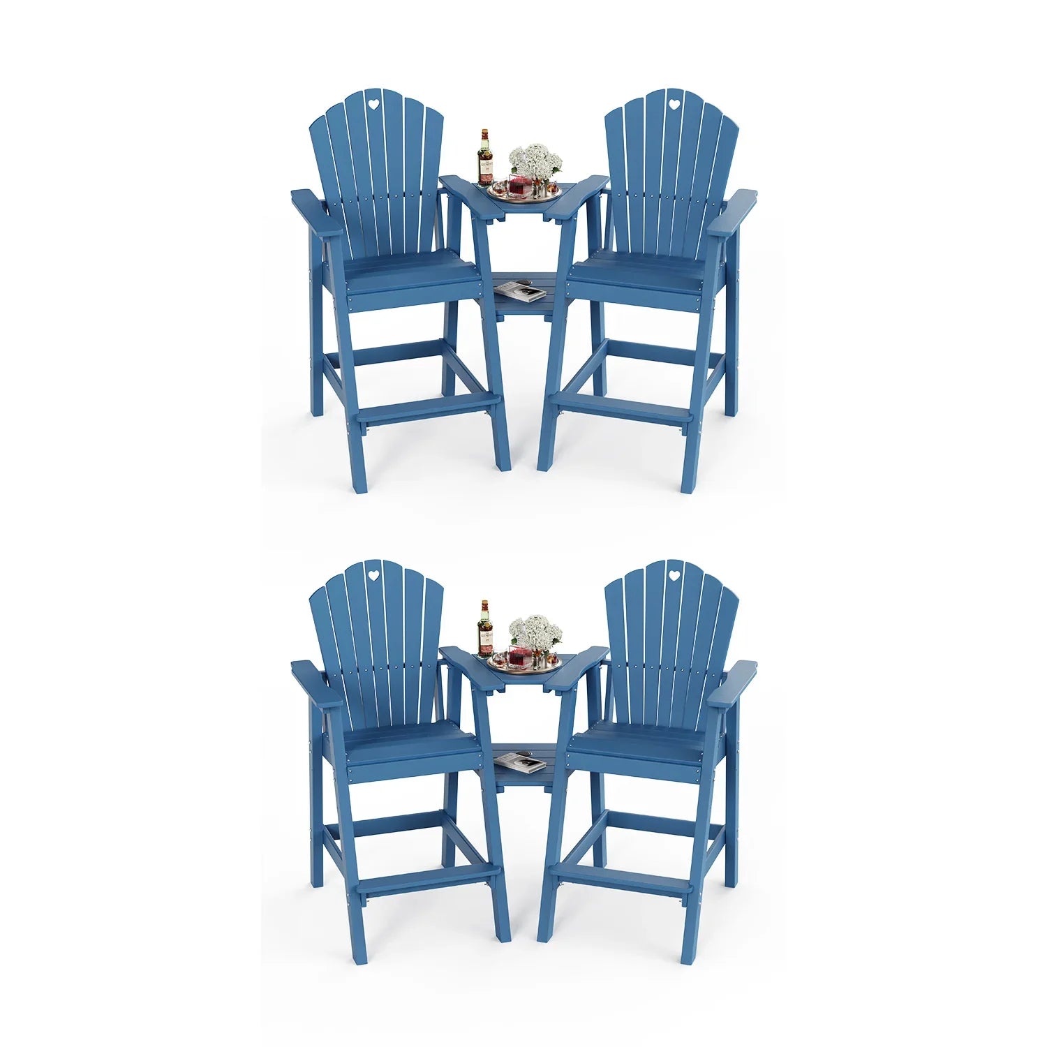 Tall Adirondack Chairs Set of 2 with Double Layer Connecting Table, HDPE Bar Height Outdoor Table and Chairs with Umbrella Hole, All Weather Outdoor Bar Stools for Patio, Deck, Backyard - Gardenjoy