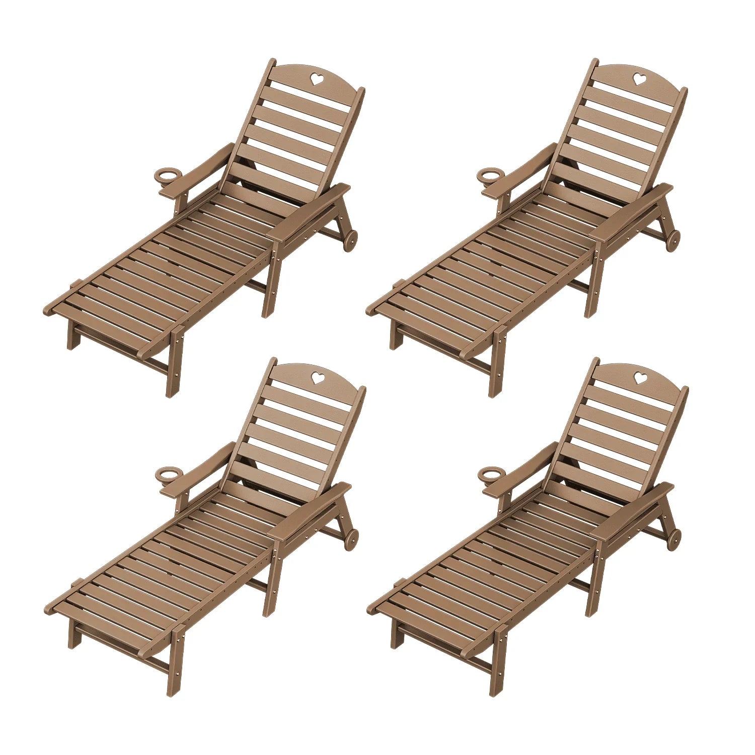 Outdoor lounge chair with cup holder, outdoor lounge chair with 5-position adjustable backrest, HDPE lounge chair for poolside, patio, deck and backyard, lounge chair with wheels - Gardenjoy