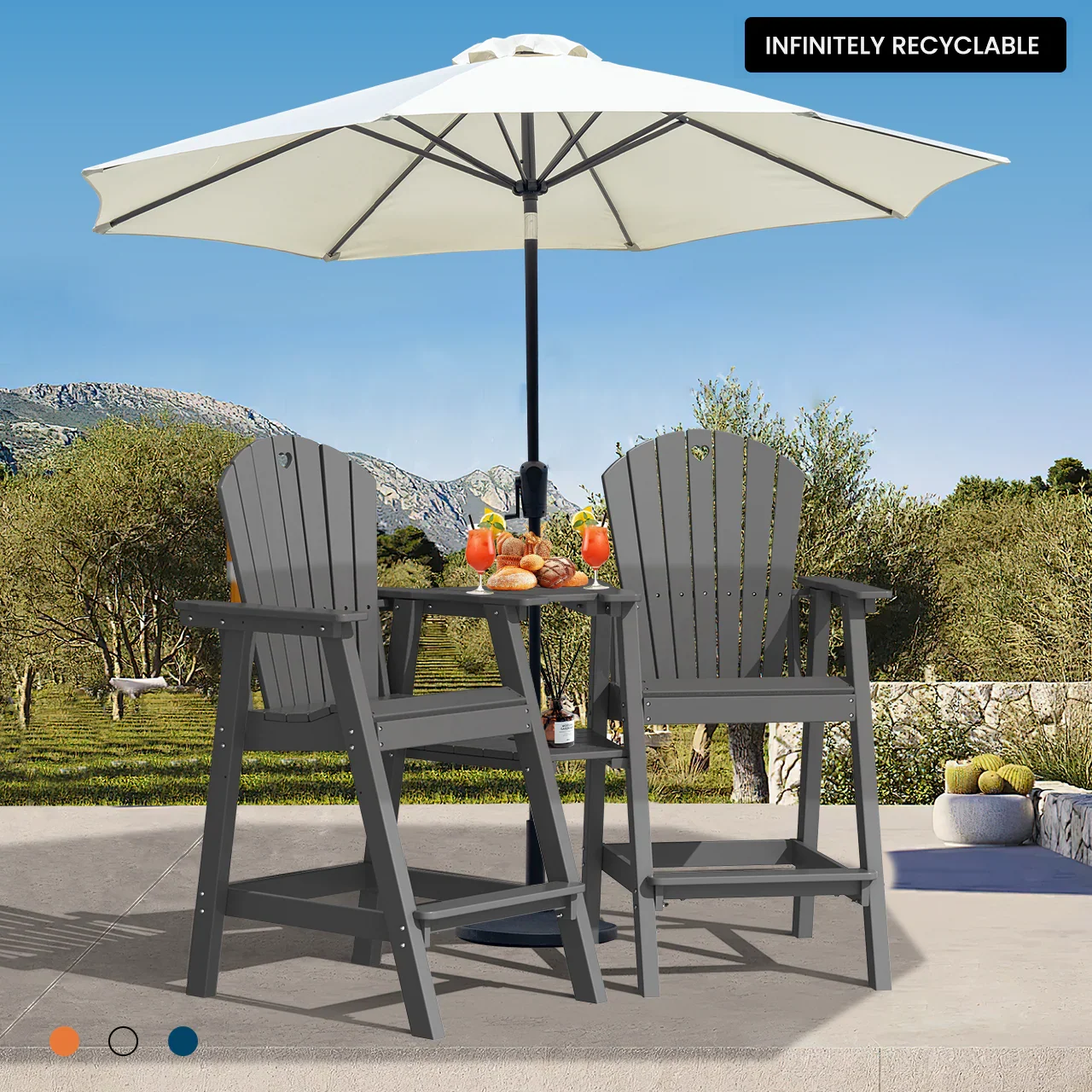 Tall Adirondack Chairs Set of 2-Durable HDPE Outdoor Bar Stools with Double Connecting Tray, Weatherproof Patio Furniture for Poolside, Backyard, Deck & Lawn Relaxation - Gardenjoy