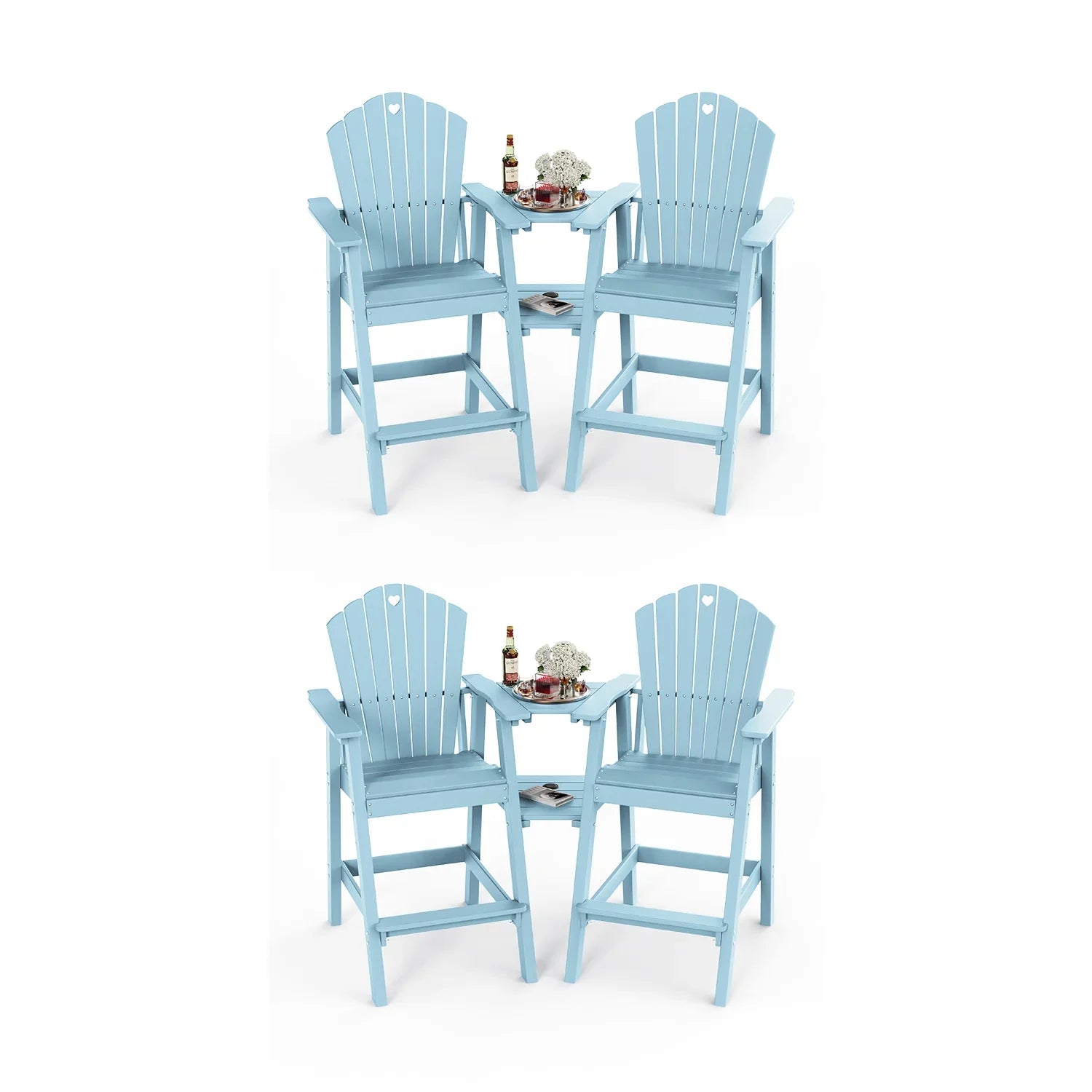 Tall Adirondack Chairs Set of 2 with Double Layer Connecting Table, HDPE Bar Height Outdoor Table and Chairs with Umbrella Hole, All Weather Outdoor Bar Stools for Patio, Deck, Backyard - Gardenjoy