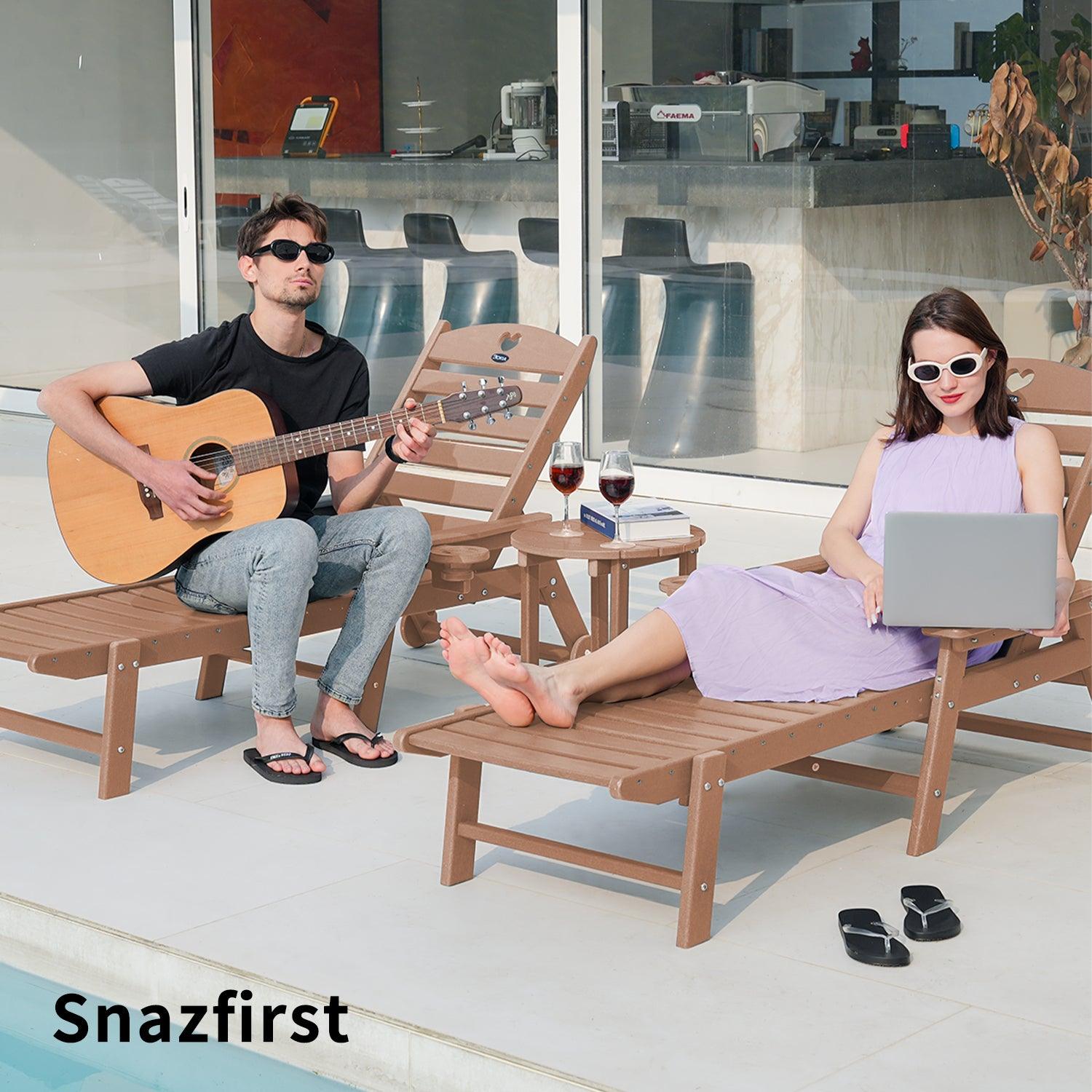 SNAZFIRST Adjustable Chaise Lounge Chair with Wheels & Cupholder, 6-Position Reclining Patio Chair – Weather-Resistant HDPE, Outdoor Poolside, Beach & Lawn Lounge Chair, Brown - Gardenjoy