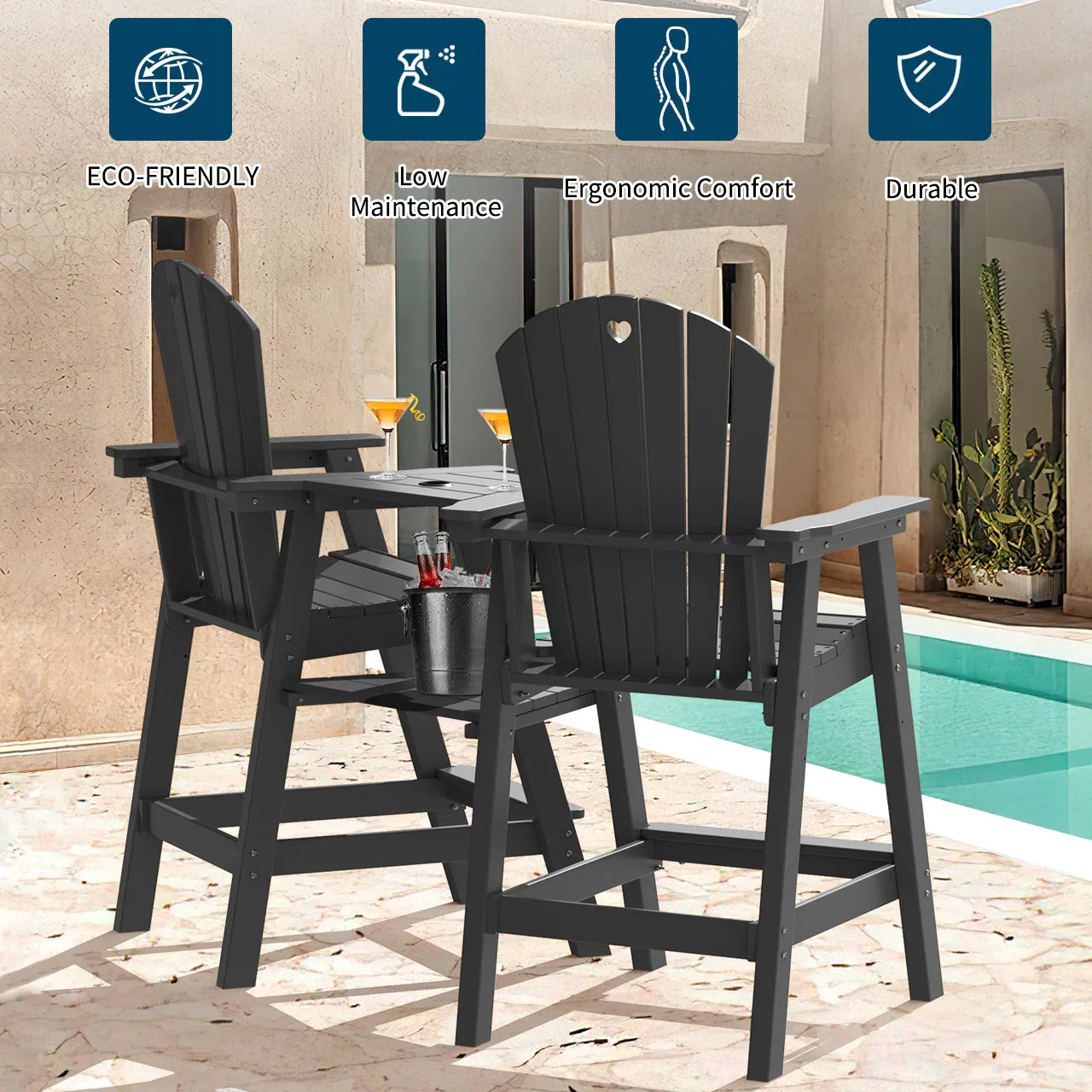 Tall Adirondack Chairs Set of 2-Durable HDPE Outdoor Bar Stools with Double Connecting Tray, Weatherproof Patio Furniture for Poolside, Backyard, Deck & Lawn Relaxation - Gardenjoy