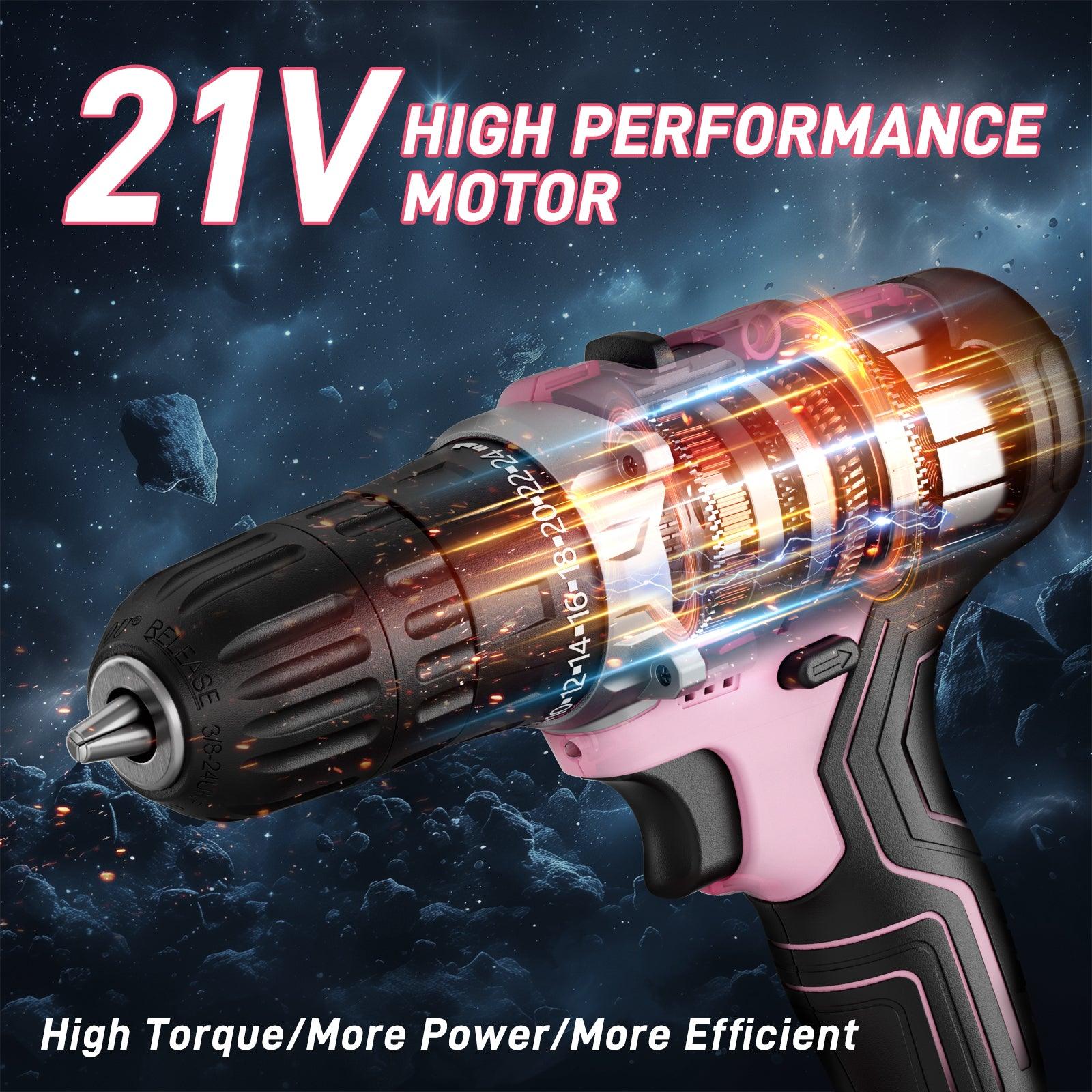 SNAZFIRST 21V Cordless Drill Set with 65pcs Drill Bits, 2 Variable Speeds, 24+1 Torque Settings, Keyless Chuck, Battery & Charger Included - Gardenjoy