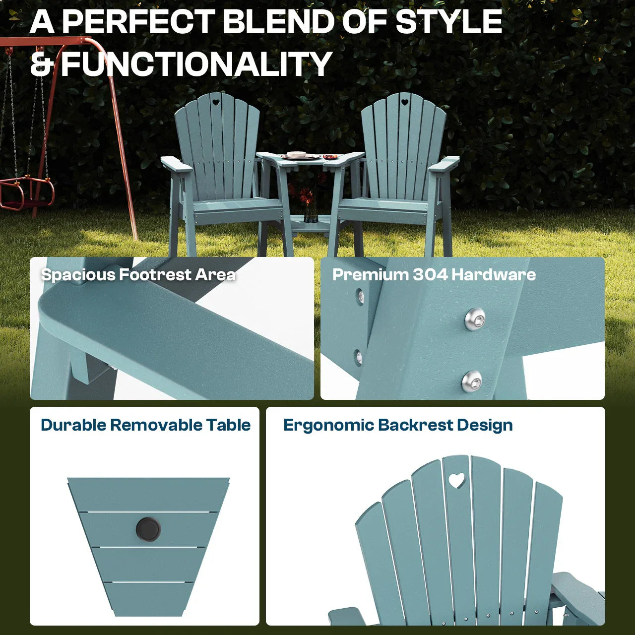 Tall Adirondack Chairs Set of 2 with Double Layer Connecting Table, HDPE Bar Height Outdoor Table and Chairs with Umbrella Hole, All Weather Outdoor Bar Stools for Patio, Deck, Backyard - Gardenjoy