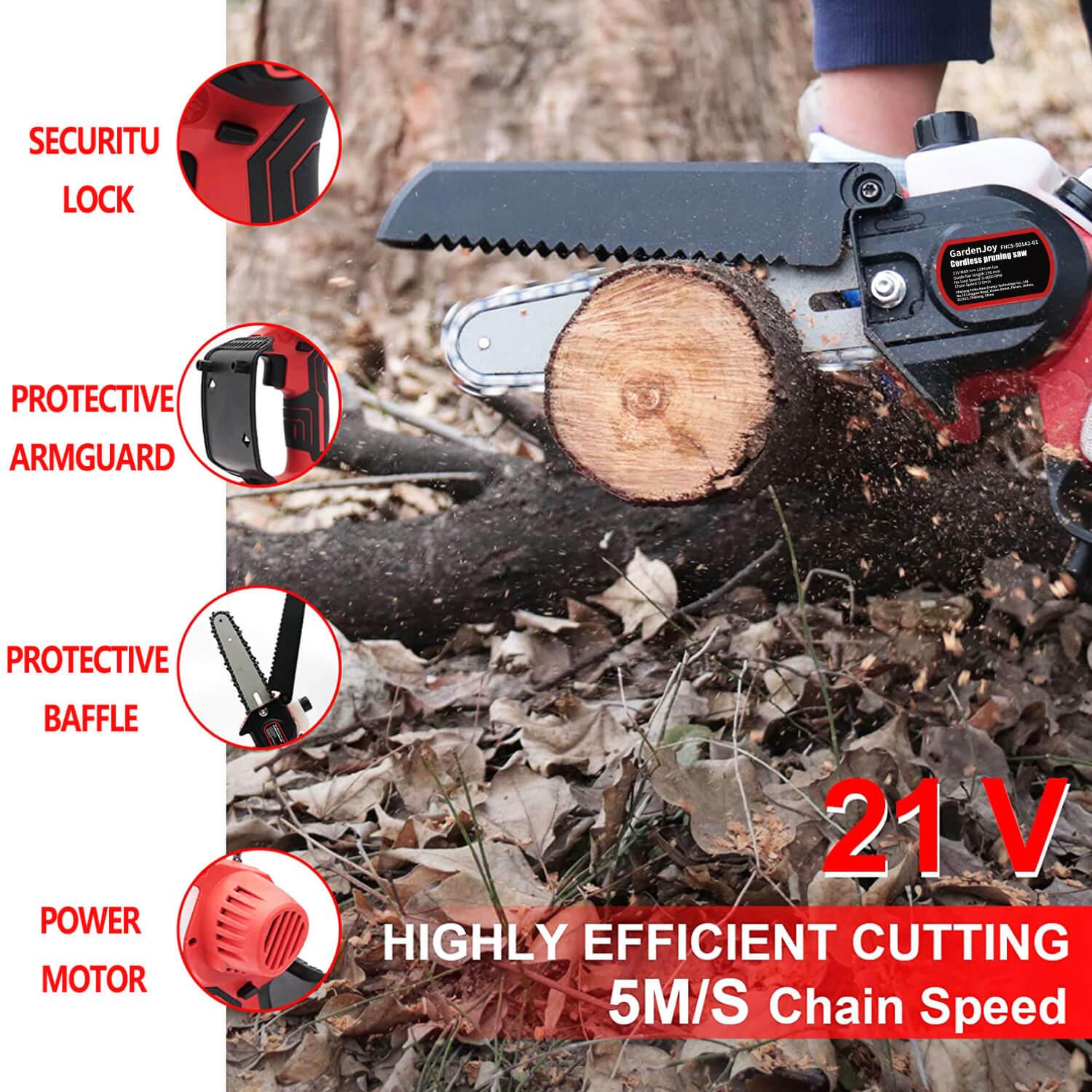 GardenJoy 6-Inch Mini Chainsaw, 21V Battery Powered Cordless Electric Chainsaw with 2 Batteries & Fast Charger, Portable Handheld Chainsaw for Tree Trimming & Wood Cutting - Gardenjoy