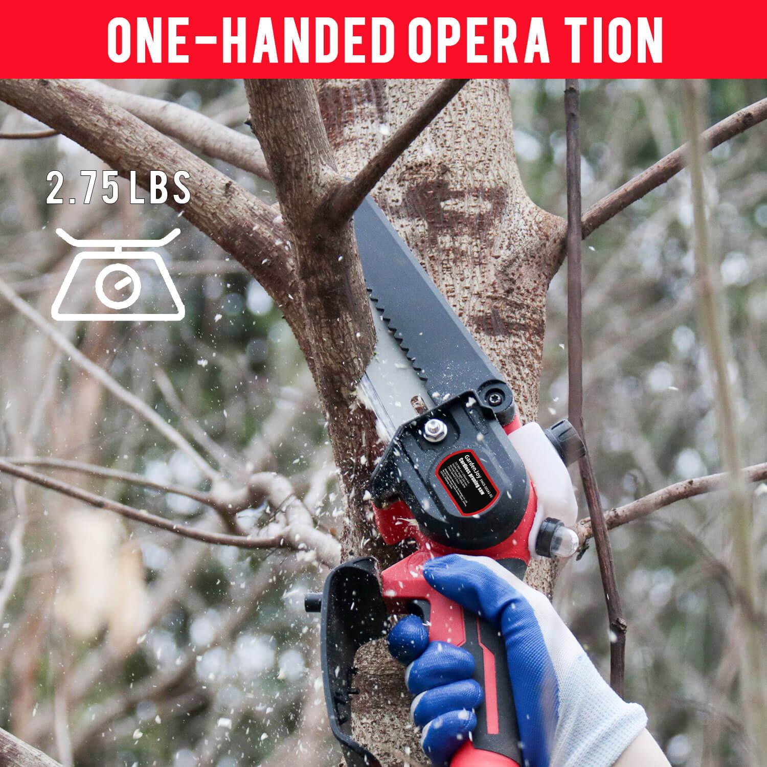 GardenJoy 6-Inch Mini Chainsaw, 21V Battery Powered Cordless Electric Chainsaw with 2 Batteries & Fast Charger, Portable Handheld Chainsaw for Tree Trimming & Wood Cutting - Gardenjoy