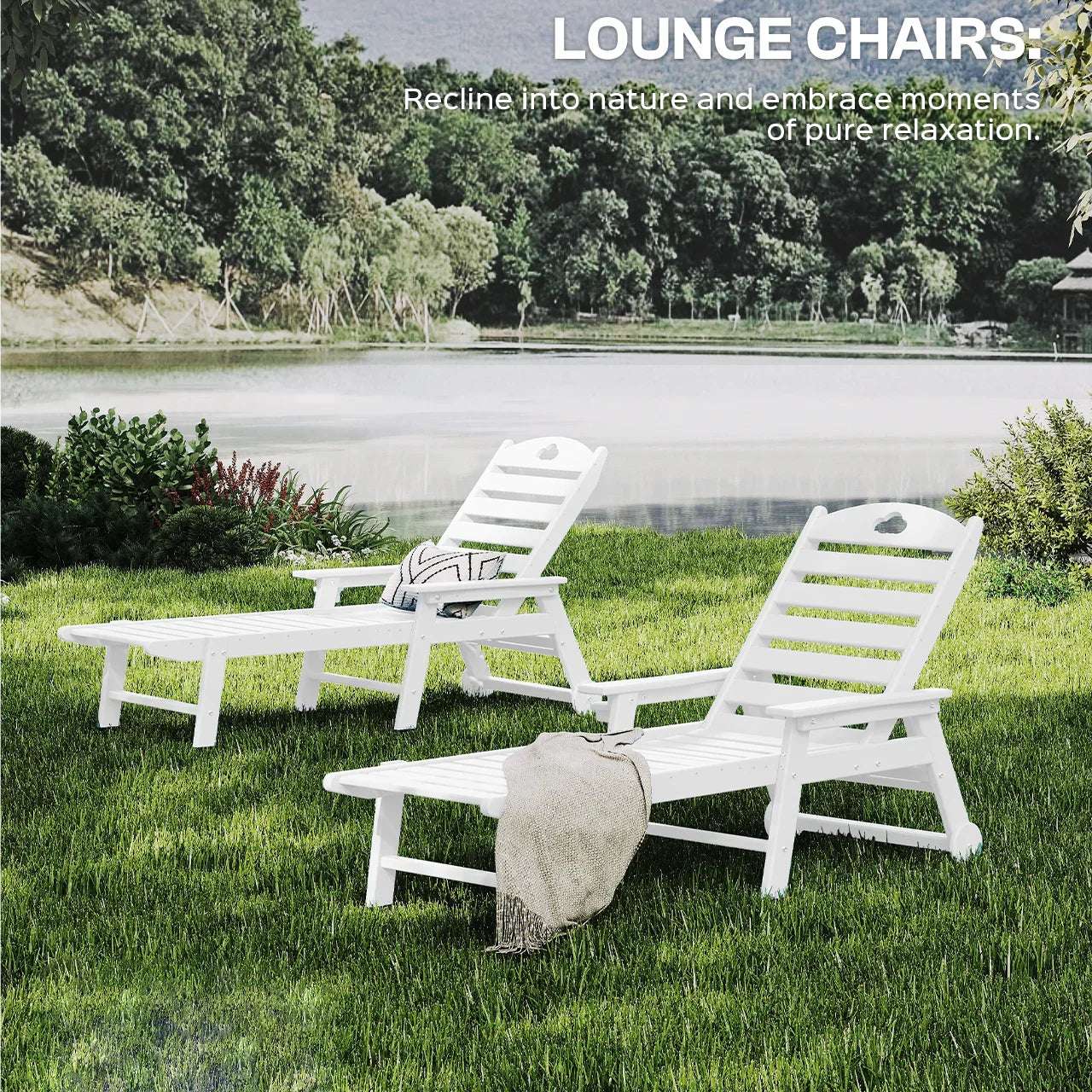 Outdoor lounge chair with cup holder, outdoor lounge chair with 5-position adjustable backrest, HDPE lounge chair for poolside, patio, deck and backyard, lounge chair with wheels - Gardenjoy