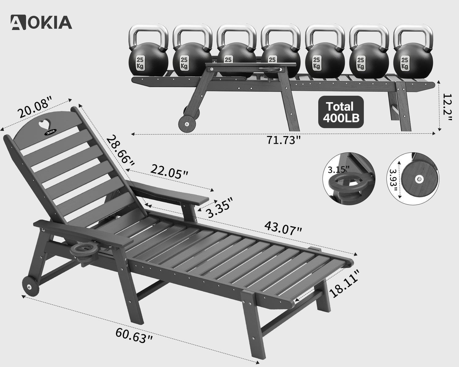 Chaise Lounge Chair for Outdoor Relaxation | HDPE | Wheels, Cupholder, 6-Position | Patio, Lawn, Garden, Poolside - Gardenjoy