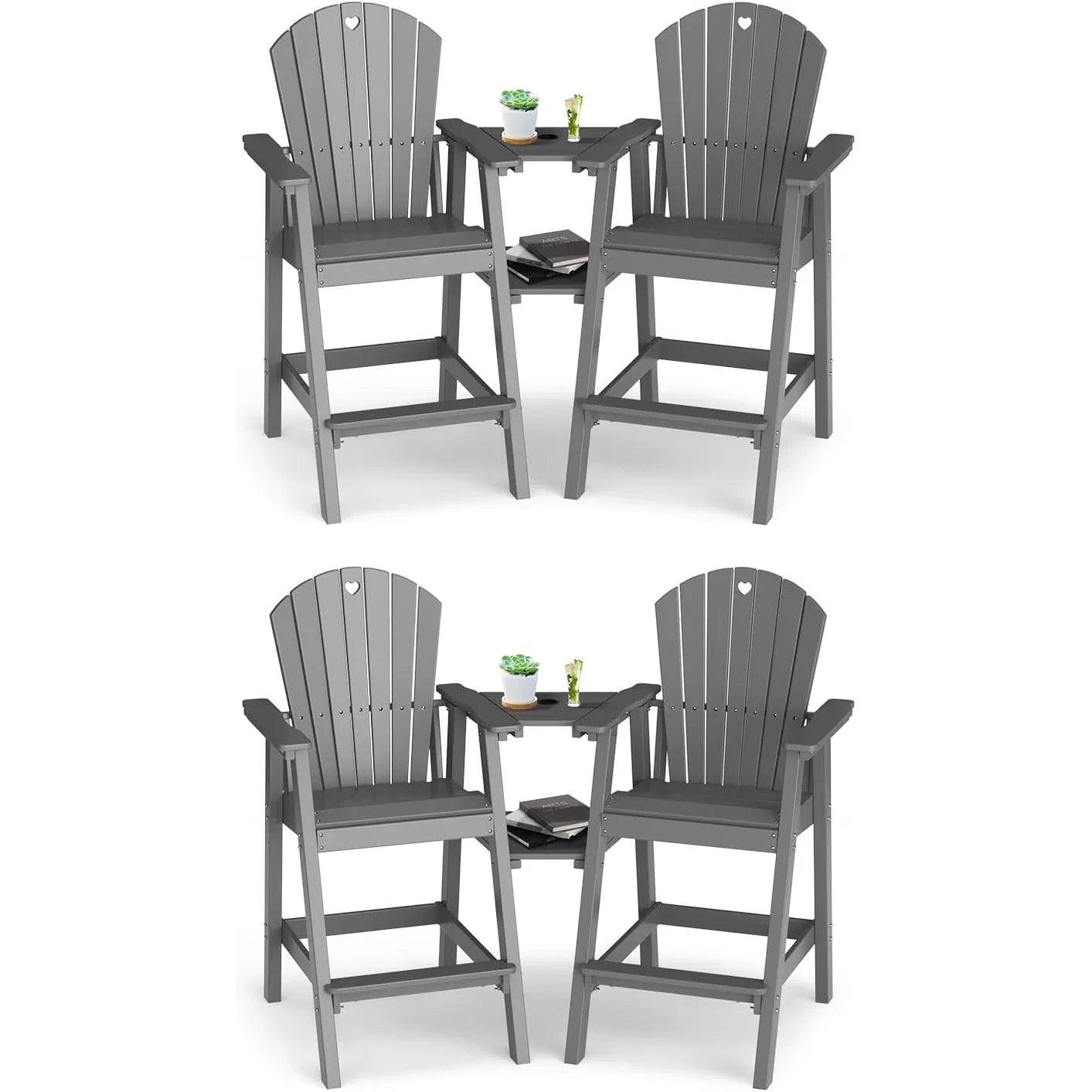 Tall Adirondack Chairs Set of 2-Durable HDPE Outdoor Bar Stools with Double Connecting Tray, Weatherproof Patio Furniture for Poolside, Backyard, Deck & Lawn Relaxation - Gardenjoy