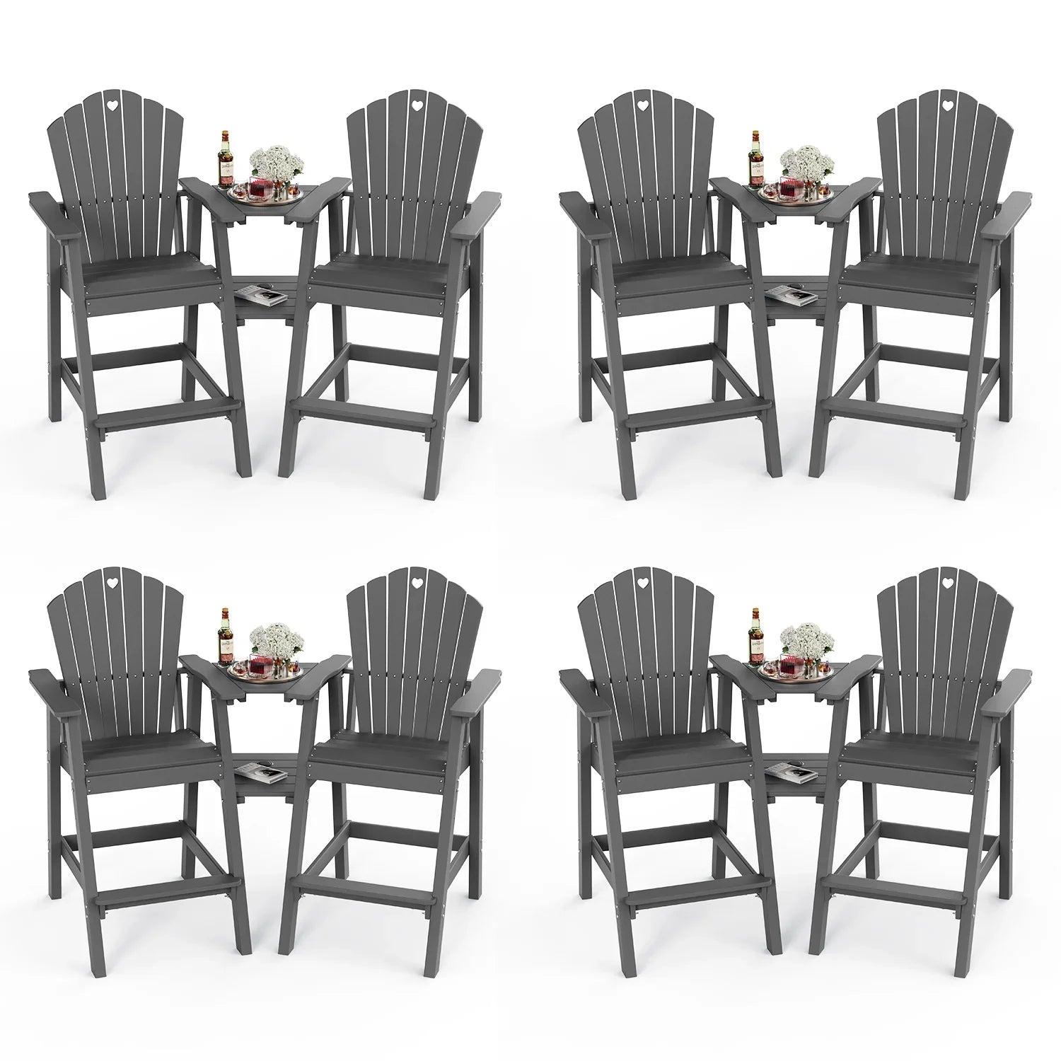 Tall Adirondack Chairs Set of 2 with Double Layer Connecting Table, HDPE Bar Height Outdoor Table and Chairs with Umbrella Hole, All Weather Outdoor Bar Stools for Patio, Deck, Backyard - Gardenjoy