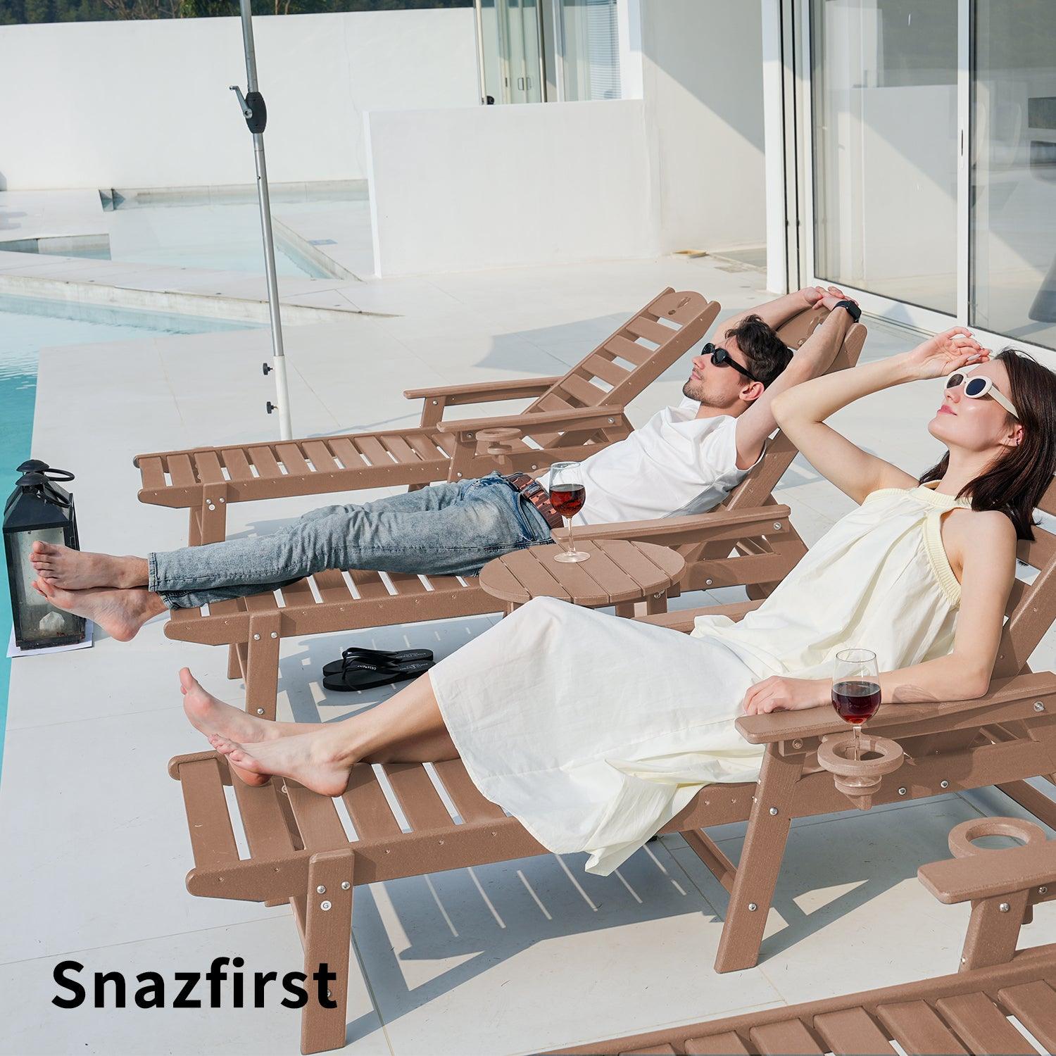 SNAZFIRST Adjustable Chaise Lounge Chair with Wheels & Cupholder, 6-Position Reclining Patio Chair – Weather-Resistant HDPE, Outdoor Poolside, Beach & Lawn Lounge Chair, Brown - Gardenjoy