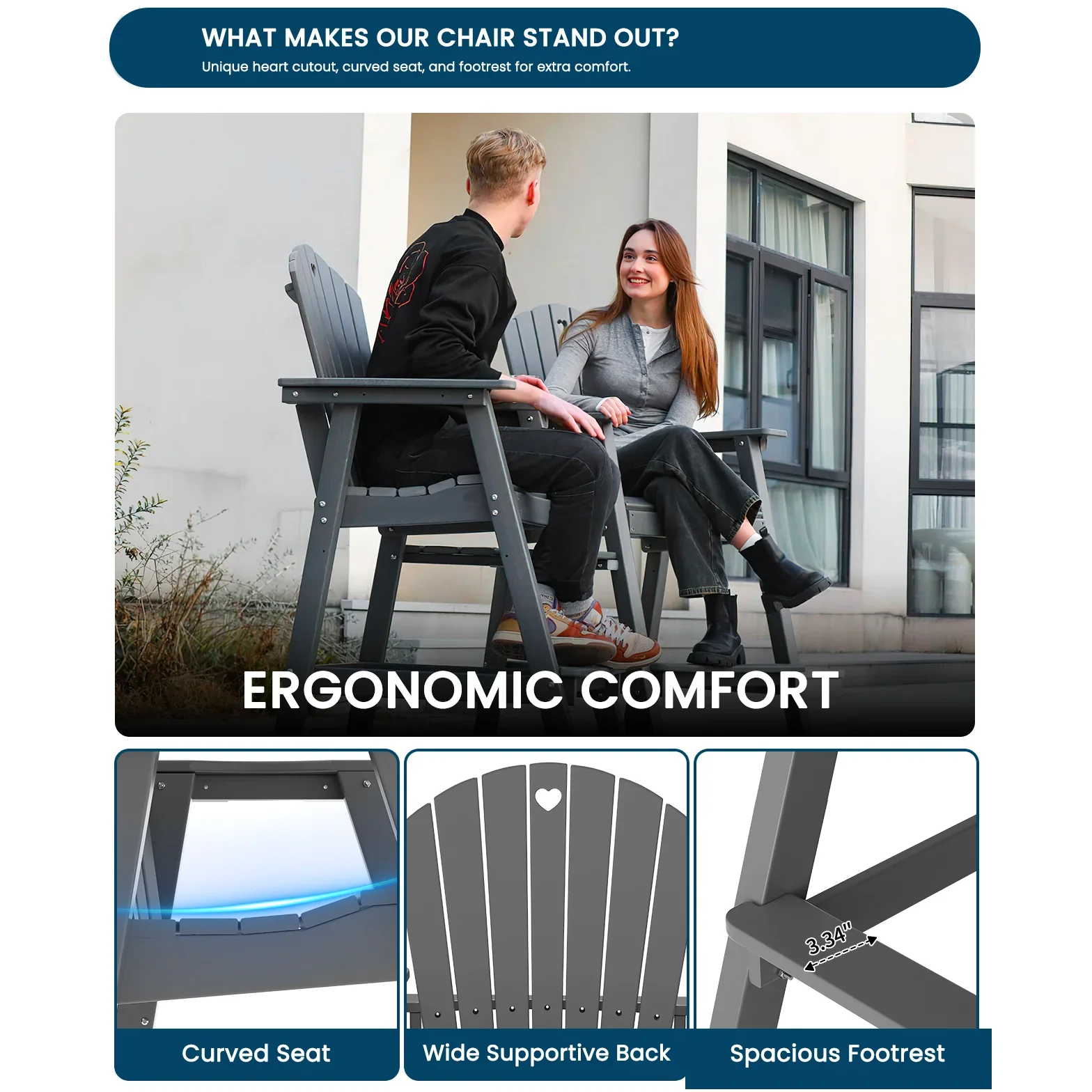 Tall Adirondack Chairs Set of 2-Durable HDPE Outdoor Bar Stools with Double Connecting Tray, Weatherproof Patio Furniture for Poolside, Backyard, Deck & Lawn Relaxation - Gardenjoy