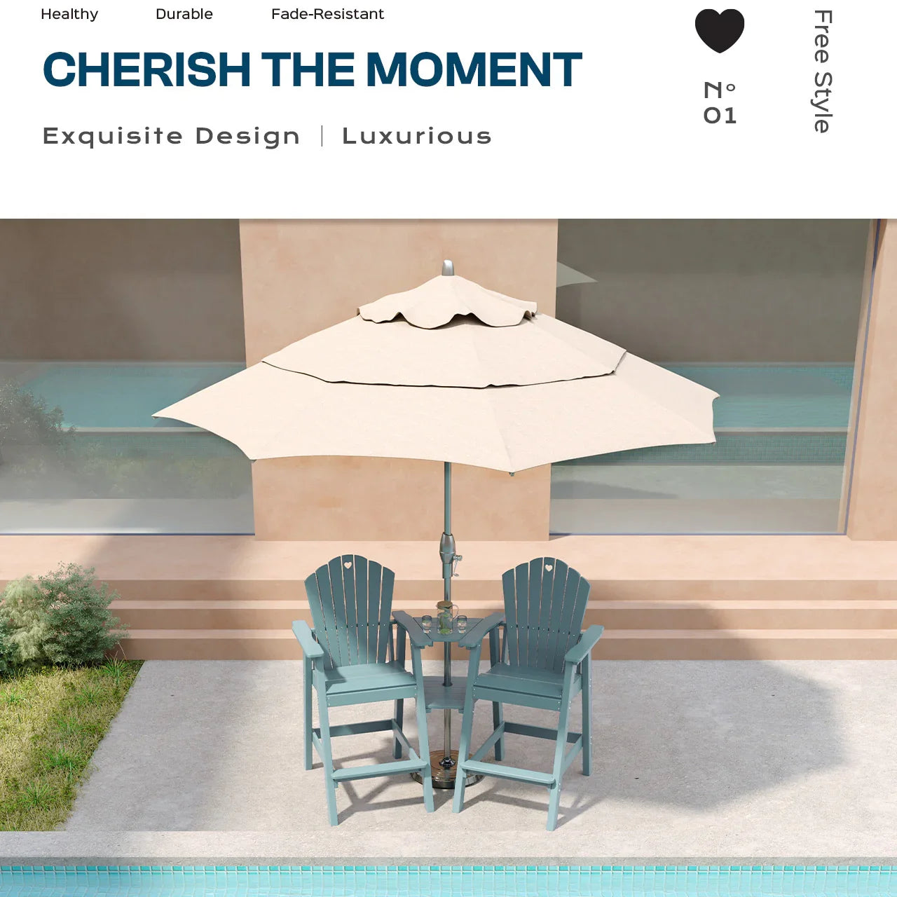 Tall Adirondack Chairs Set of 2 with Double Layer Connecting Table, HDPE Bar Height Outdoor Table and Chairs with Umbrella Hole, All Weather Outdoor Bar Stools for Patio, Deck, Backyard - Gardenjoy