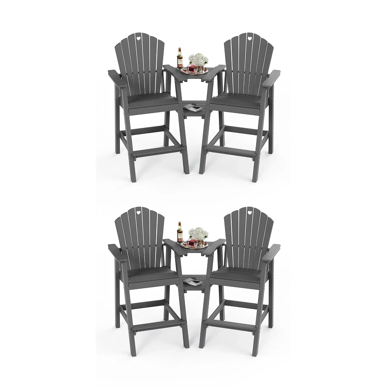 Tall Adirondack Chairs Set of 2 with Double Layer Connecting Table, HDPE Bar Height Outdoor Table and Chairs with Umbrella Hole, All Weather Outdoor Bar Stools for Patio, Deck, Backyard - Gardenjoy