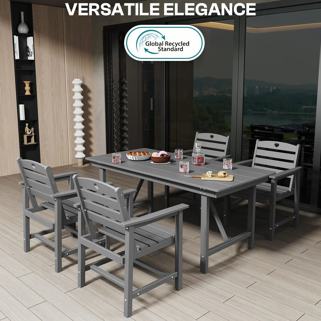 HDPE Patio Table and Chairs Set with Umbrella Hole, Weather-Resistant Patio Dining Sets, Outdoor Dining Set for Lawn, Patio, Porch, Deck, Poolside, Yard - Gardenjoy