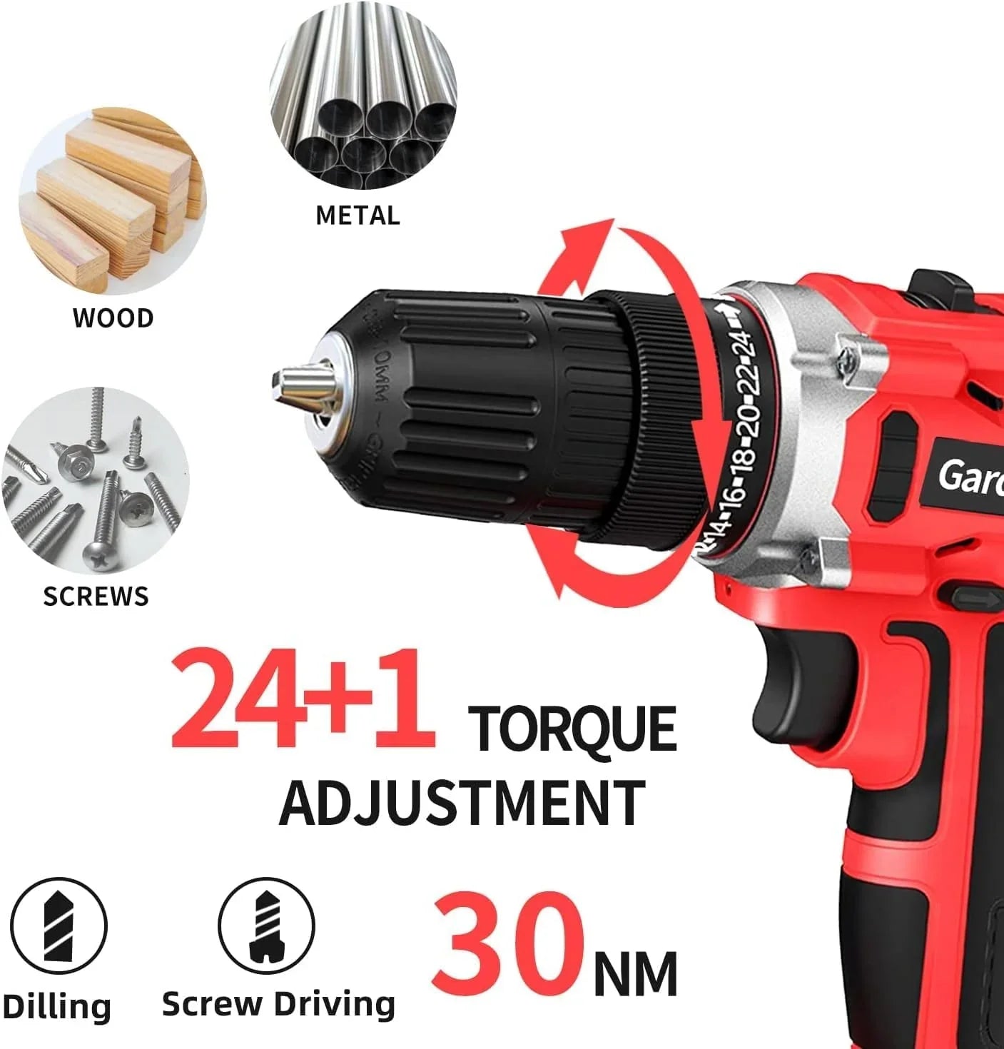 Cordless Power Drill Set, 21V Electric Drill Driver Kit with Battery and Fast Charger, 2 Variable Speed Control, 3/8-Inch Keyless Chuck and 24+1 Torque Setting with LED Light for Metal Surfaces,Wood