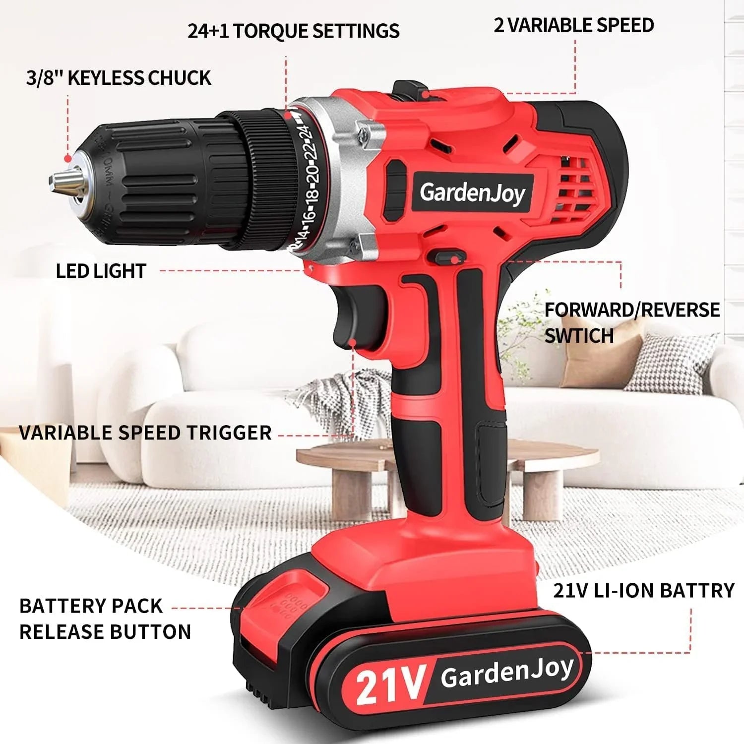 Cordless Power Drill Set, 21V Electric Drill Driver Kit with Battery and Fast Charger, 2 Variable Speed Control, 3/8-Inch Keyless Chuck and 24+1 Torque Setting with LED Light for Metal Surfaces,Wood