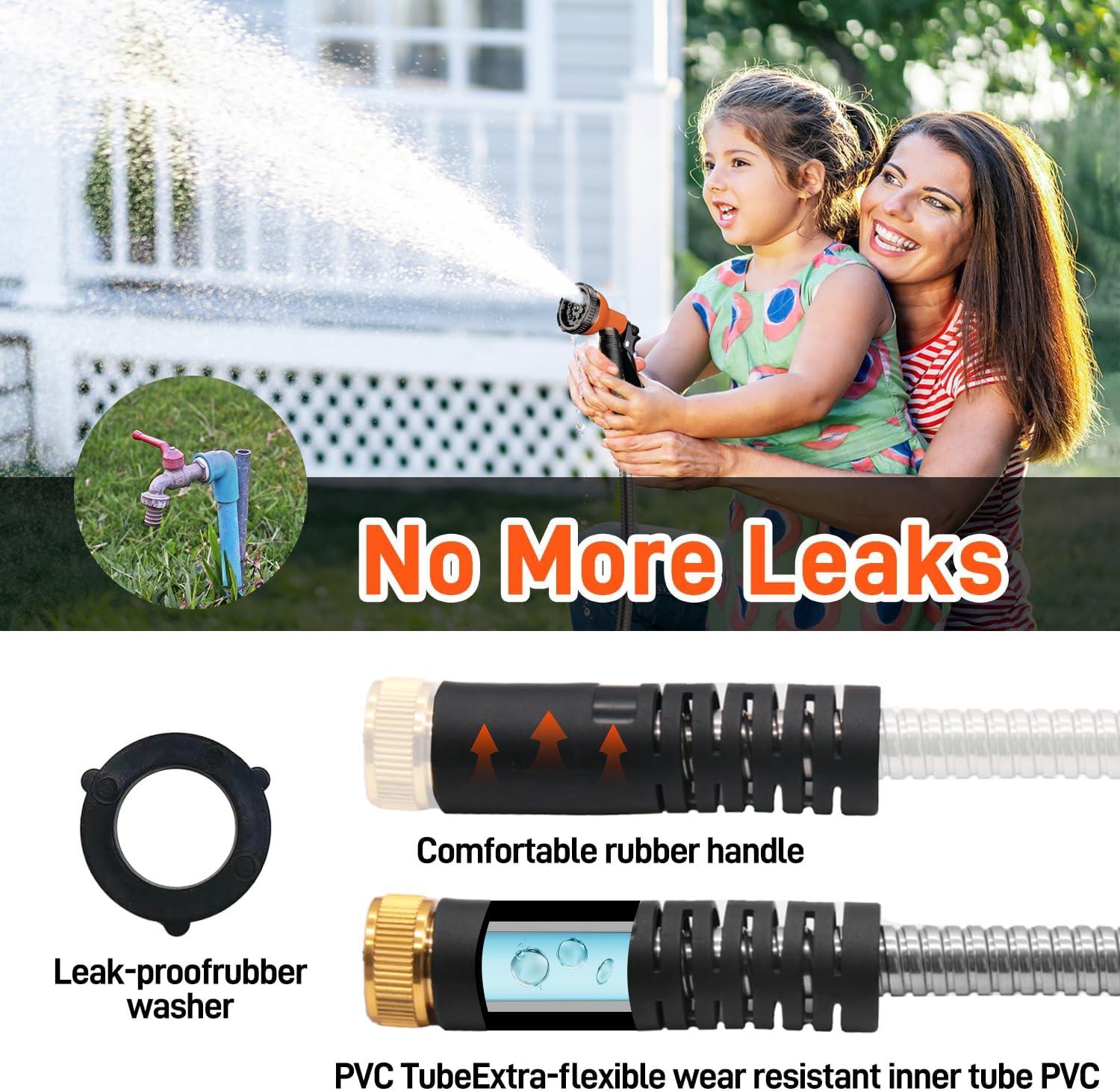 Garden Hose 25/50/75/100FT Stainless Steel Water Hose with 10 Functions Adjustable Spray Nozzle, Heavy-Duty Metal Garden Hose Flexible Durable No-Tangle & Kink Leak Dog Proof Hose for Yard Lawn(Orange) - Gardenjoy