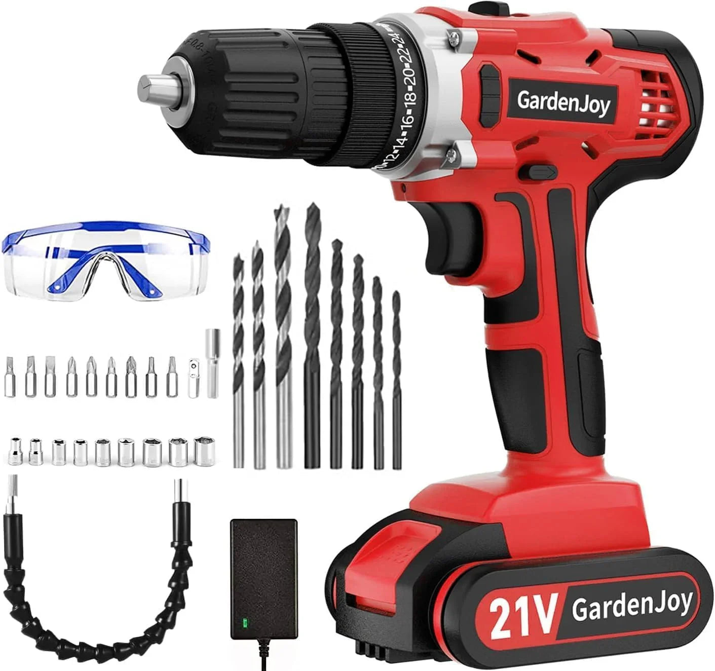 Cordless Power Drill Set, 21V Electric Drill Driver Kit with Battery and Fast Charger, 2 Variable Speed Control, 3/8-Inch Keyless Chuck and 24+1 Torque Setting with LED Light for Metal Surfaces,Wood