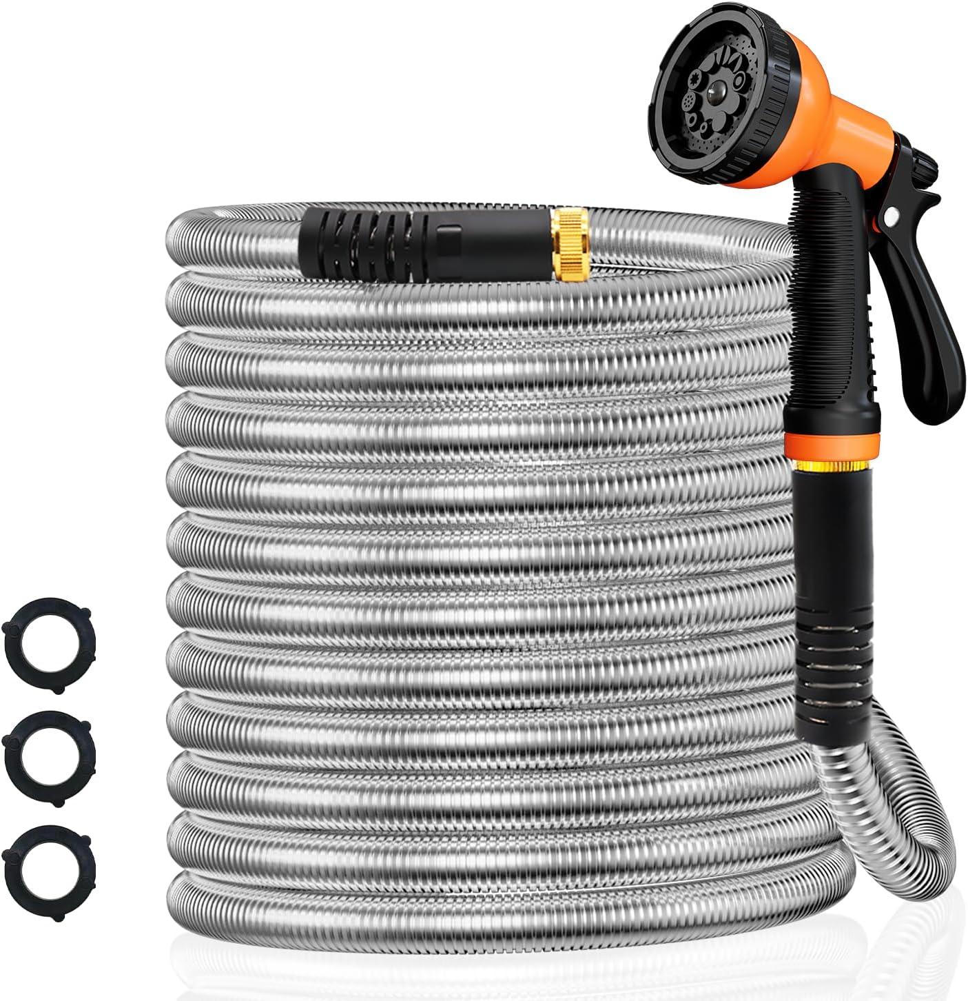 Garden Hose 25/50/75/100FT Stainless Steel Water Hose with 10 Functions Adjustable Spray Nozzle, Heavy-Duty Metal Garden Hose Flexible Durable No-Tangle & Kink Leak Dog Proof Hose for Yard Lawn(Orange) - Gardenjoy