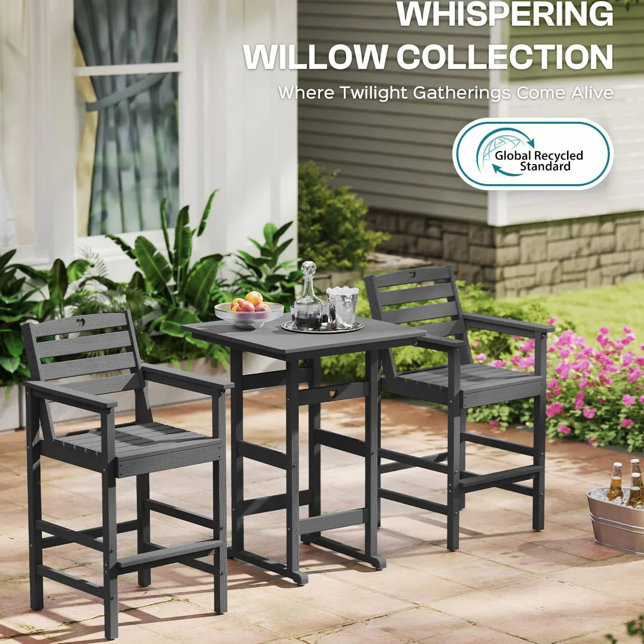Bar Height Patio Table and Chairs Set|HDPE Wood Grain Outdoor Bar |Weather-Resistant Bar Height Furniture |for Deck, Porch, Pool - Gardenjoy