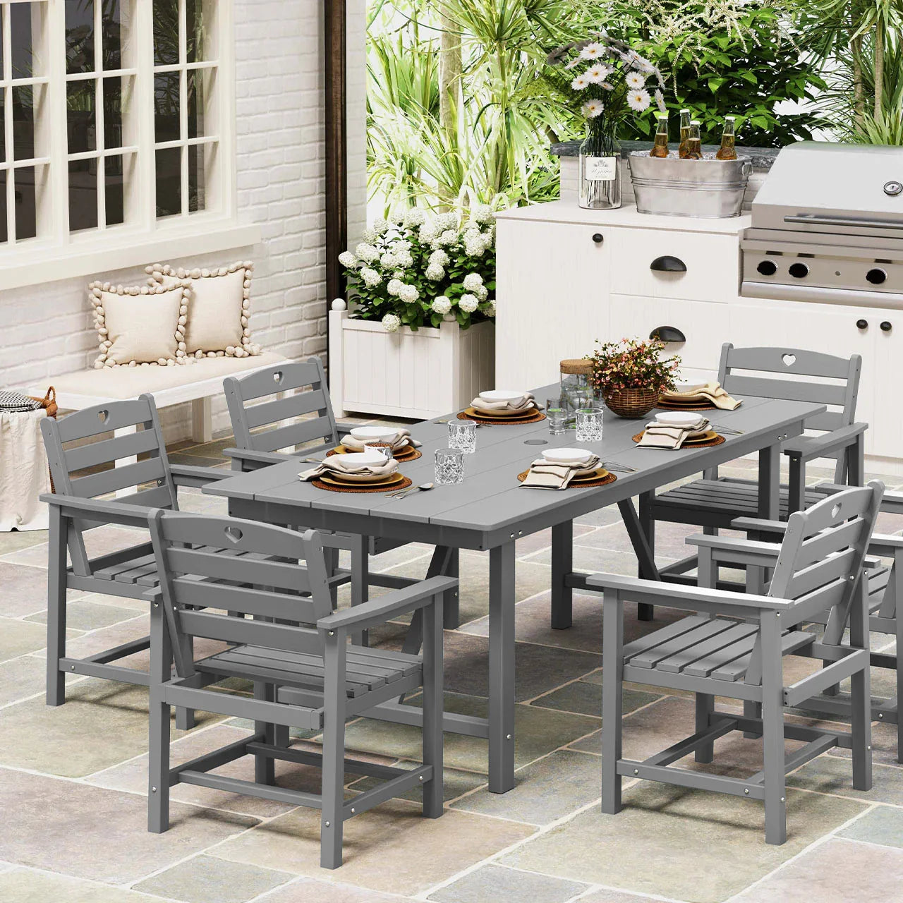 HDPE Patio Table and Chairs Set with Umbrella Hole, Weather-Resistant