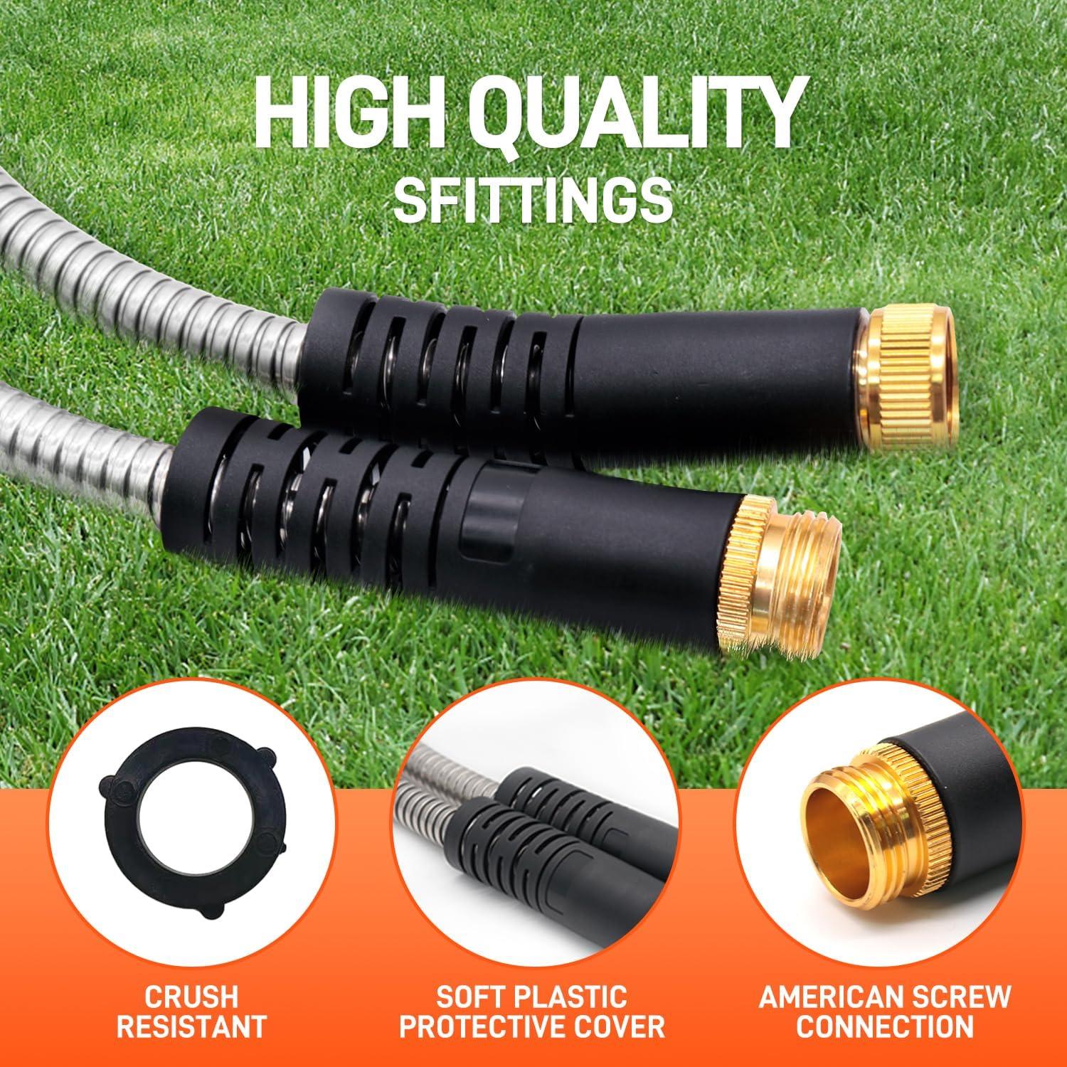 Garden Hose 25/50/75/100FT Stainless Steel Water Hose with 10 Functions Adjustable Spray Nozzle, Heavy-Duty Metal Garden Hose Flexible Durable No-Tangle & Kink Leak Dog Proof Hose for Yard Lawn(Orange) - Gardenjoy