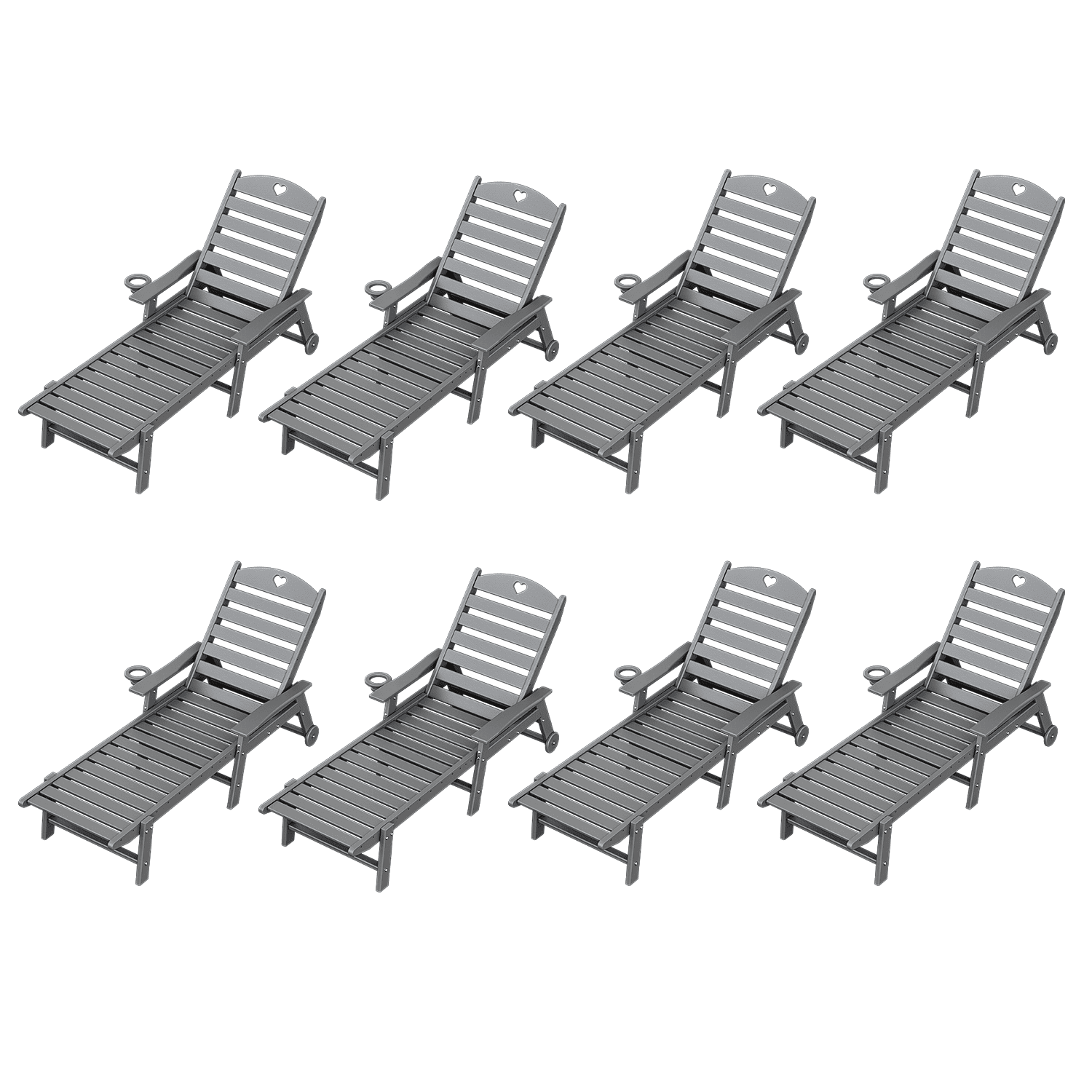 Outdoor lounge chair with cup holder, outdoor lounge chair with 5-position adjustable backrest, HDPE lounge chair for poolside, patio, deck and backyard, lounge chair with wheels - Gardenjoy