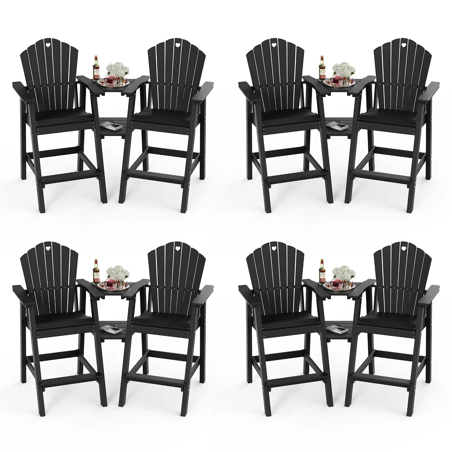 Tall Adirondack Chairs Set of 2 with Double Layer Connecting Table, HDPE Bar Height Outdoor Table and Chairs with Umbrella Hole, All Weather Outdoor Bar Stools for Patio, Deck, Backyard - Gardenjoy