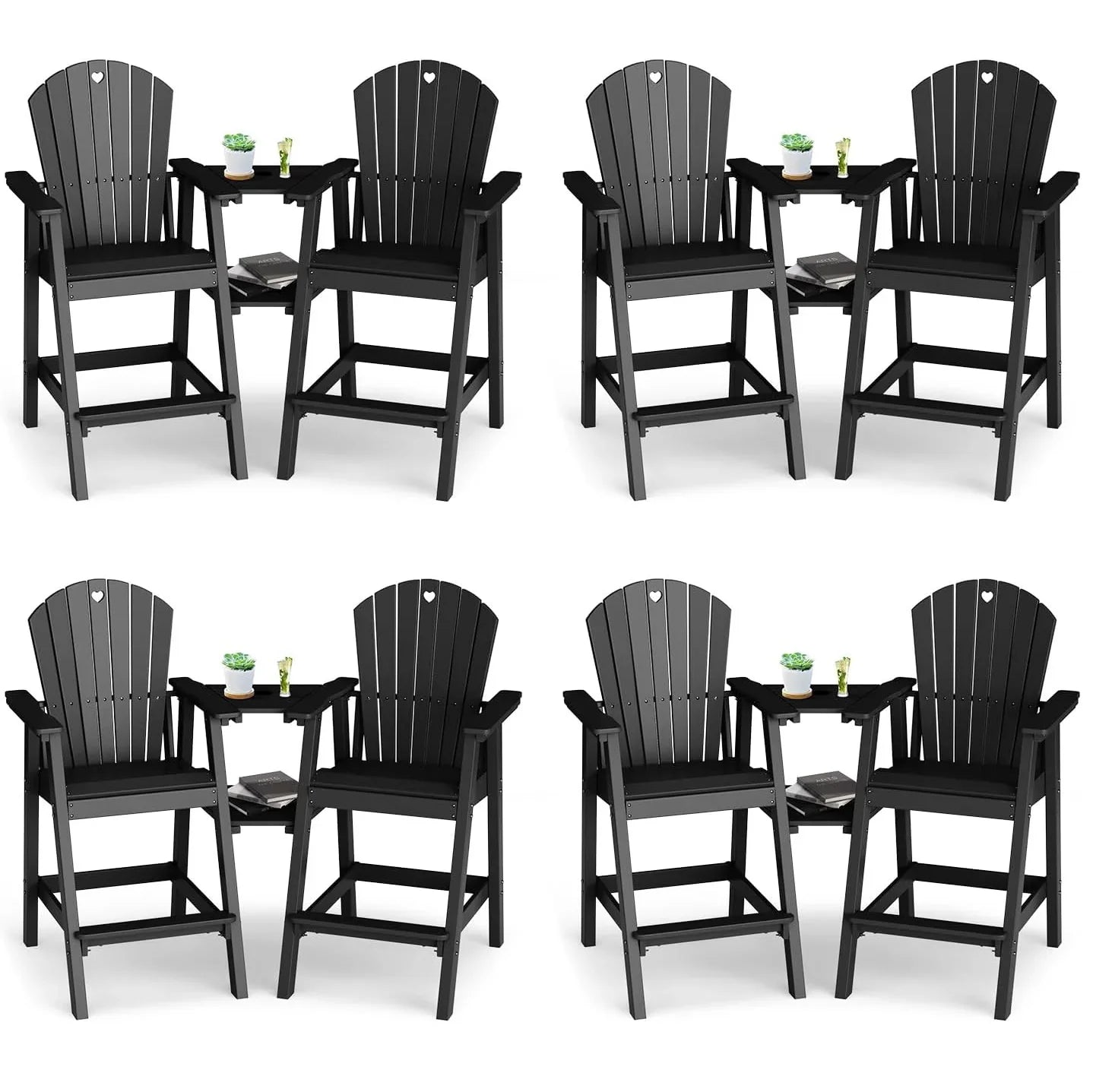 Tall Adirondack Chairs Set of 2-Durable HDPE Outdoor Bar Stools with Double Connecting Tray, Weatherproof Patio Furniture for Poolside, Backyard, Deck & Lawn Relaxation - Gardenjoy