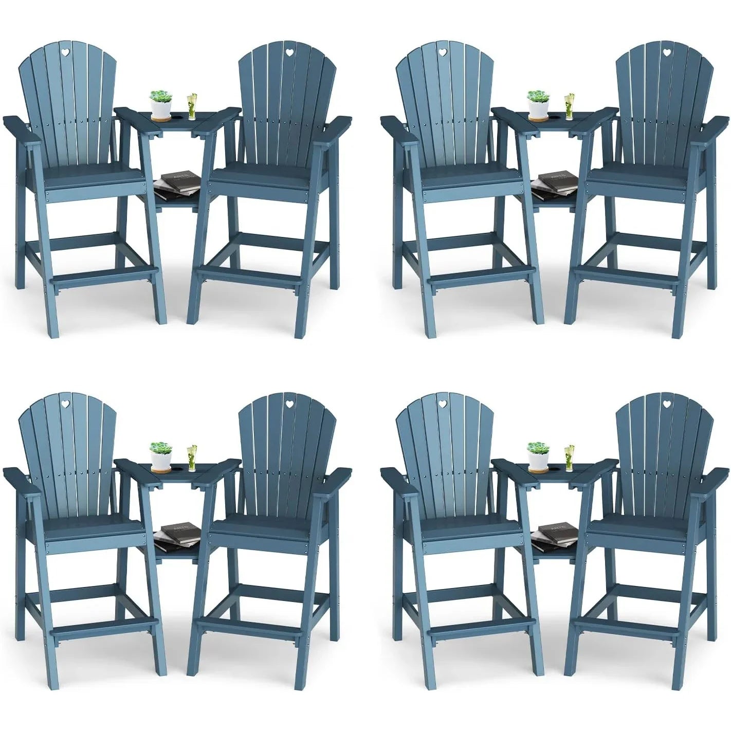 Tall Adirondack Chairs Set of 2-Durable HDPE Outdoor Bar Stools with Double Connecting Tray, Weatherproof Patio Furniture for Poolside, Backyard, Deck & Lawn Relaxation - Gardenjoy