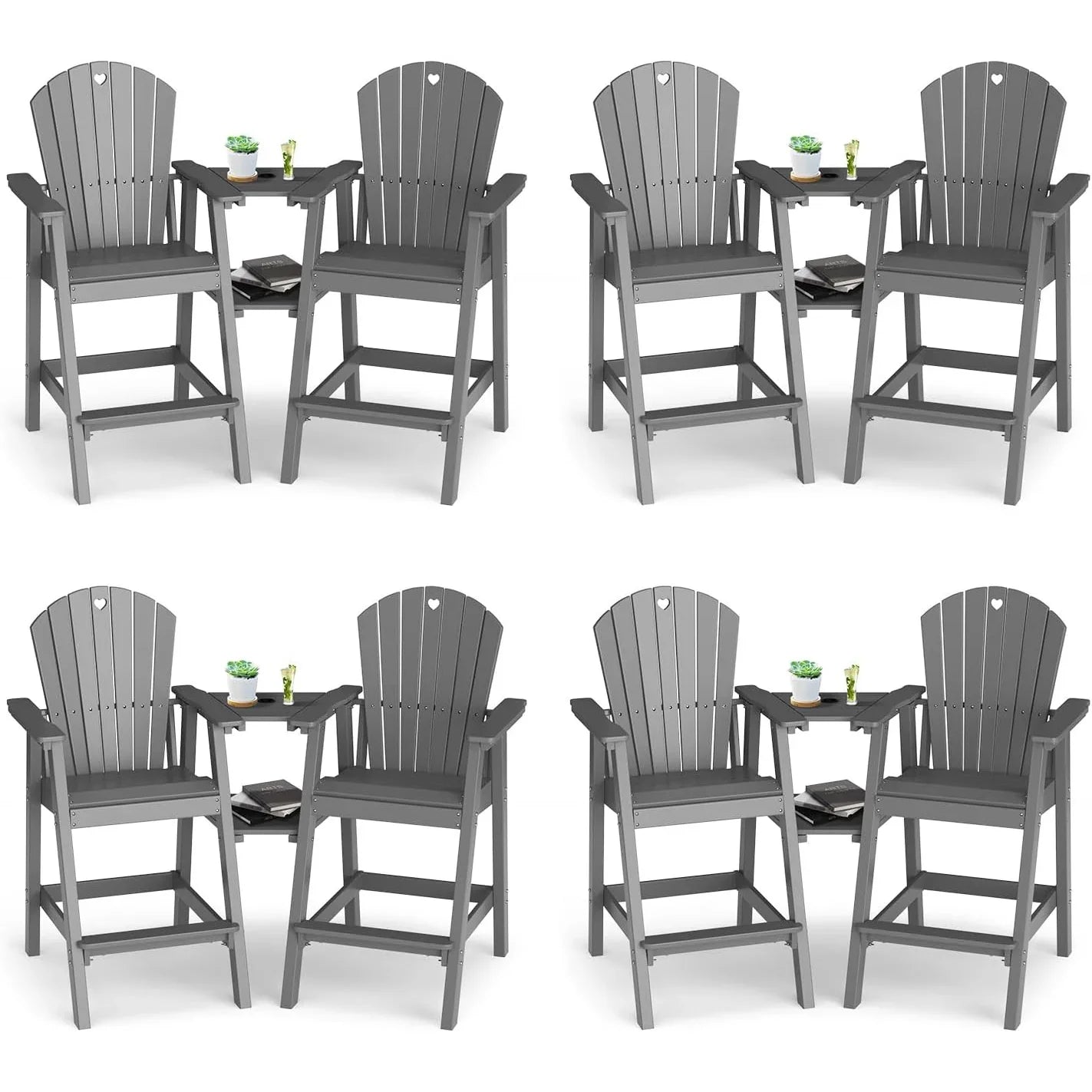 Tall Adirondack Chairs Set of 2-Durable HDPE Outdoor Bar Stools with Double Connecting Tray, Weatherproof Patio Furniture for Poolside, Backyard, Deck & Lawn Relaxation - Gardenjoy