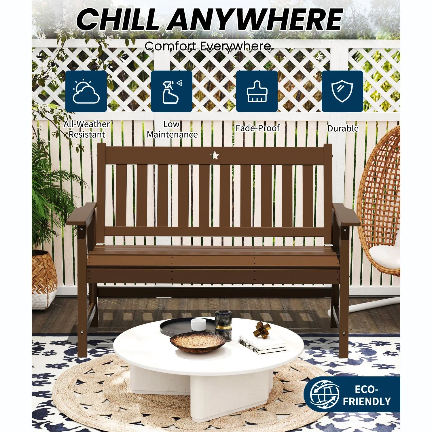 Outdoor Bench, 2-Person Garden Bench, HDPE Patio Bench Weatherproof, Durable Porch Bench for Patio, Backyard, Porch, and Park - Gardenjoy