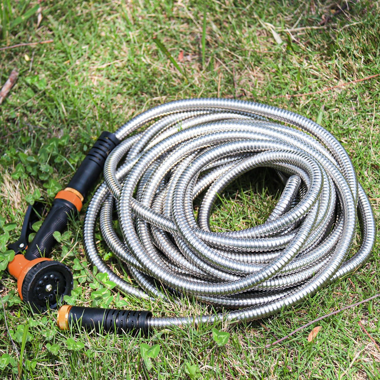 Garden Hose 25/50/75/100FT Stainless Steel Water Hose with 10 Functions Adjustable Spray Nozzle, Heavy-Duty Metal Garden Hose Flexible Durable No-Tangle & Kink Leak Dog Proof Hose for Yard Lawn(Orange) - Gardenjoy