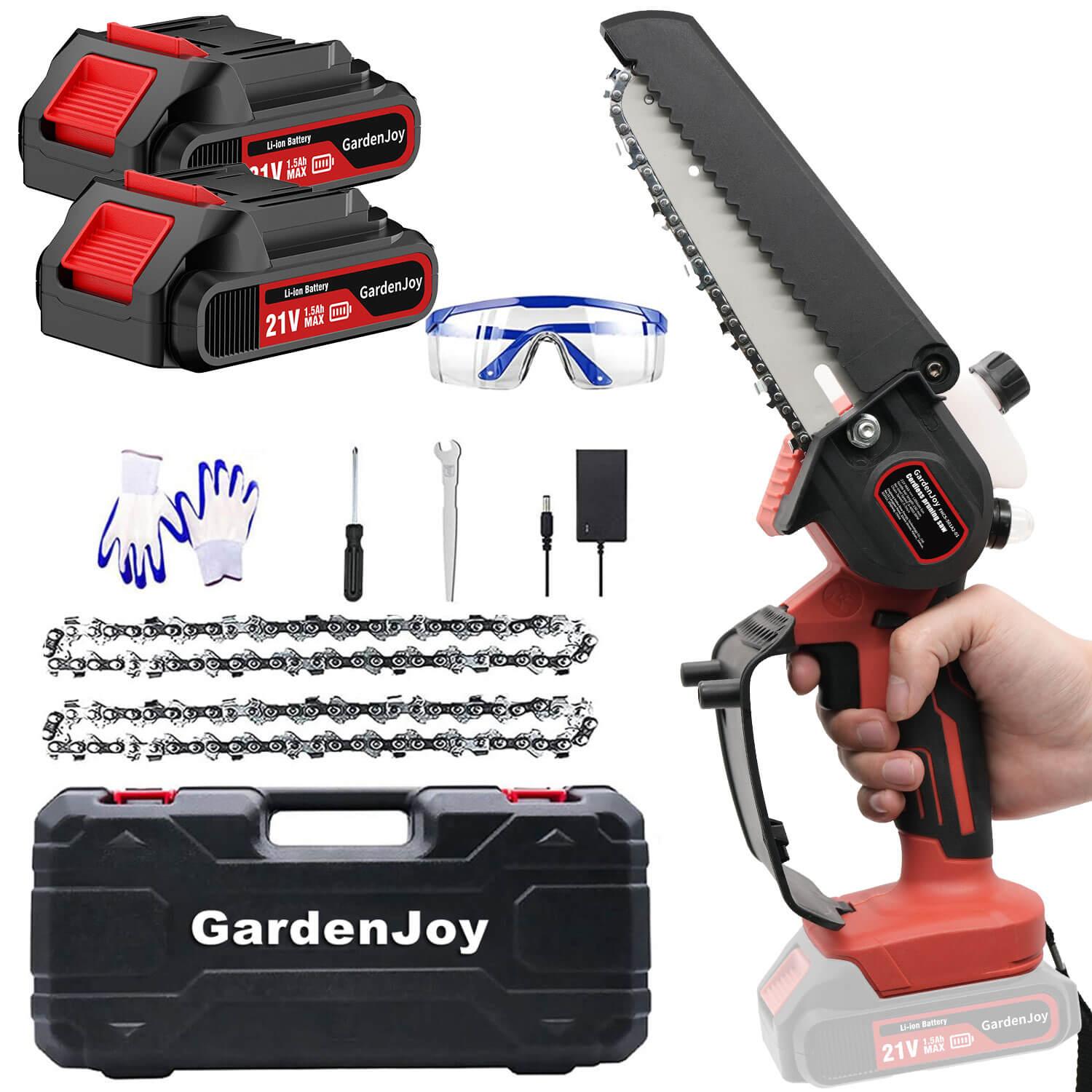 GardenJoy 6-Inch Mini Chainsaw, 21V Battery Powered Cordless Electric Chainsaw with 2 Batteries & Fast Charger, Portable Handheld Chainsaw for Tree Trimming & Wood Cutting - Gardenjoy