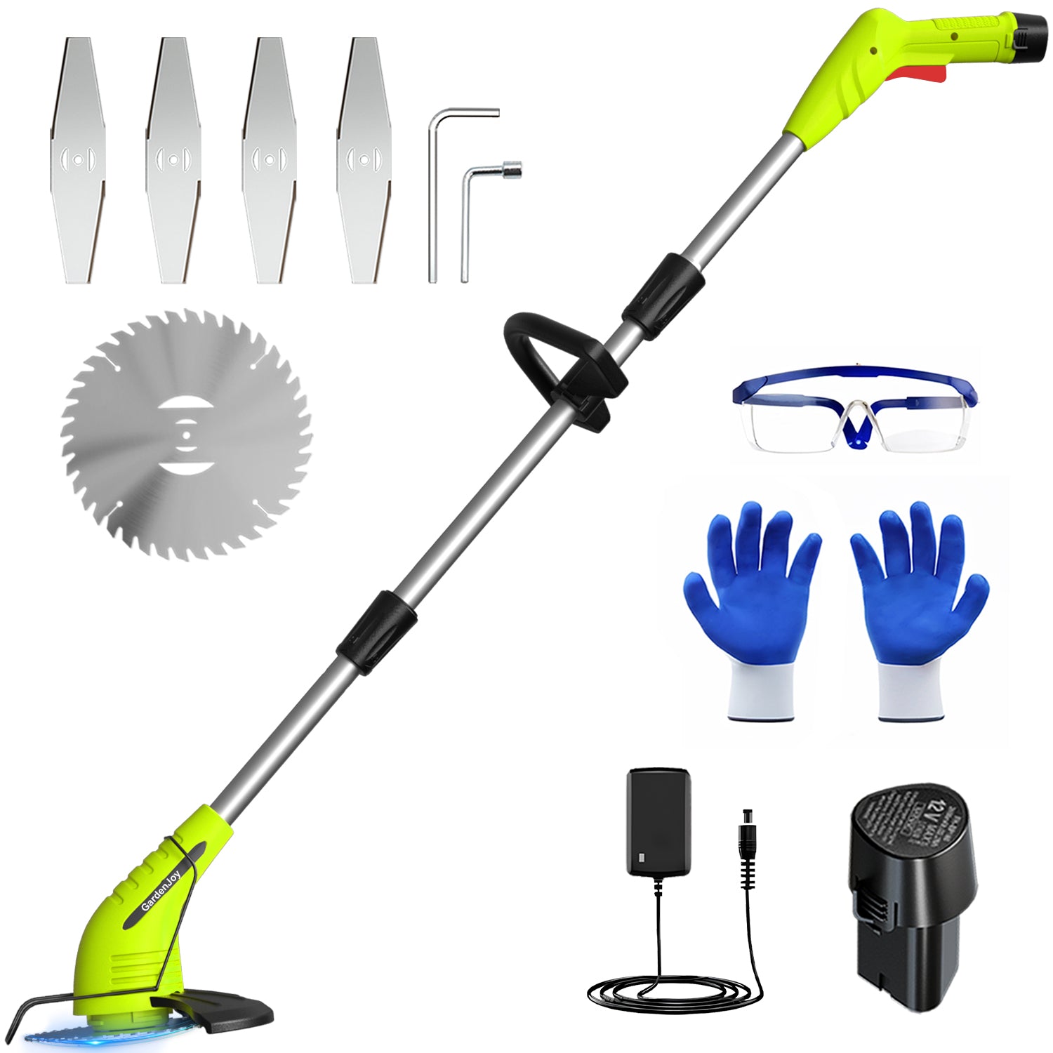 12V Cordless Grass Trimmer with 2.0Ah Battery, Fast Charger and 2 Types Cutting Blades - Green