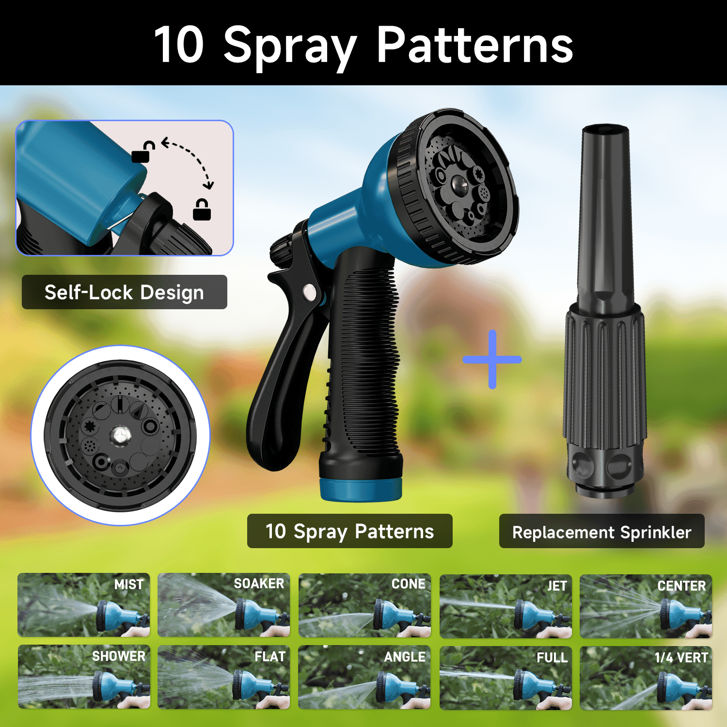 GardenJoy 5/8in automatic rewind hose | One-touch lock for any length + leak-proof design | 10-mode nozzle + 180° rotating bracket - Gardenjoy