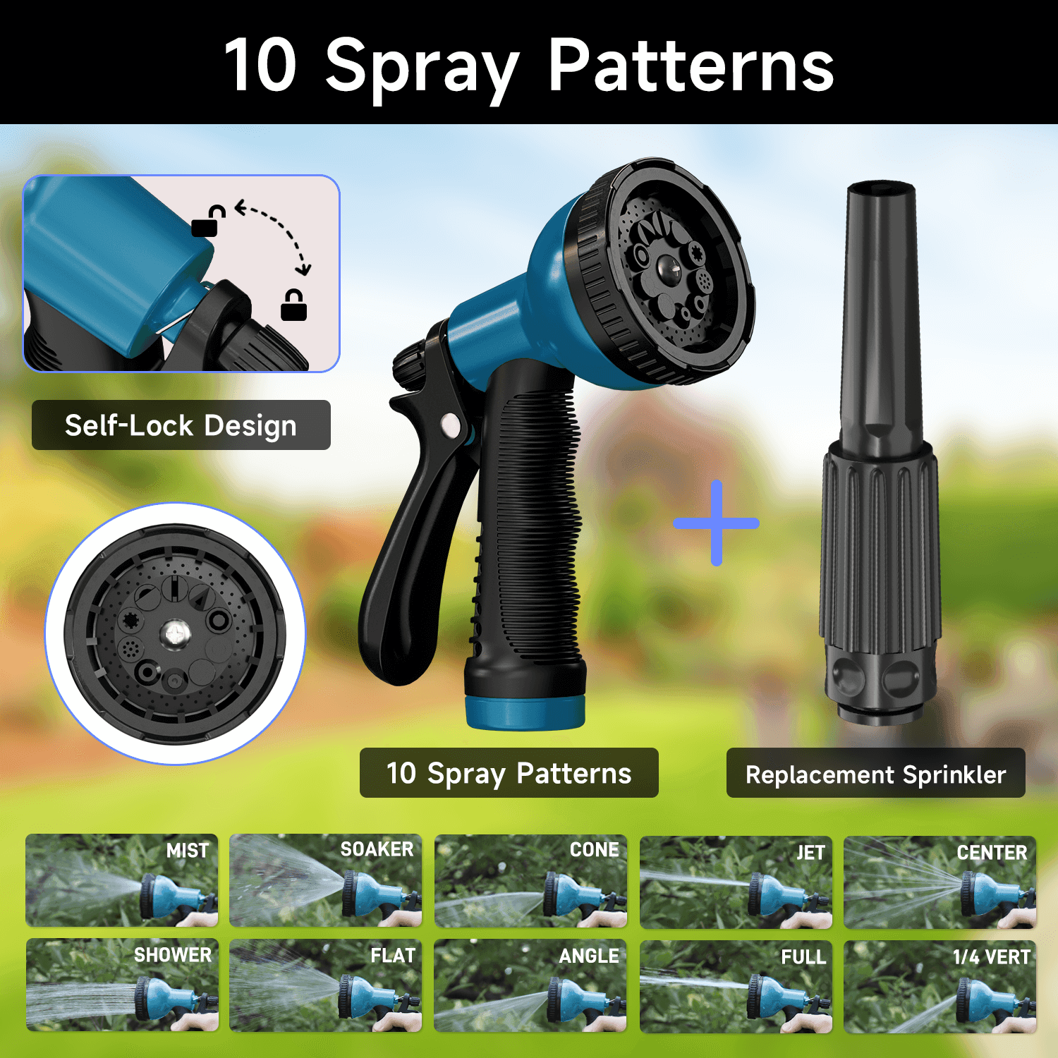 GardenJoy Blue automatic rewind hose, one-touch lock for any length, special leak-proof design, with 10-mode nozzle + 180° rotating bracket - Gardenjoy