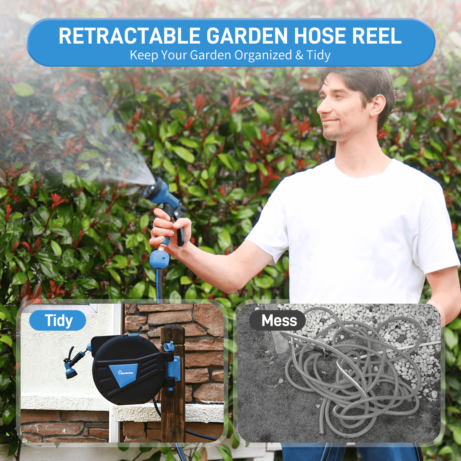 GardenJoy Blue automatic rewind hose, one-touch lock for any length, special leak-proof design, with 10-mode nozzle + 180° rotating bracket - Gardenjoy