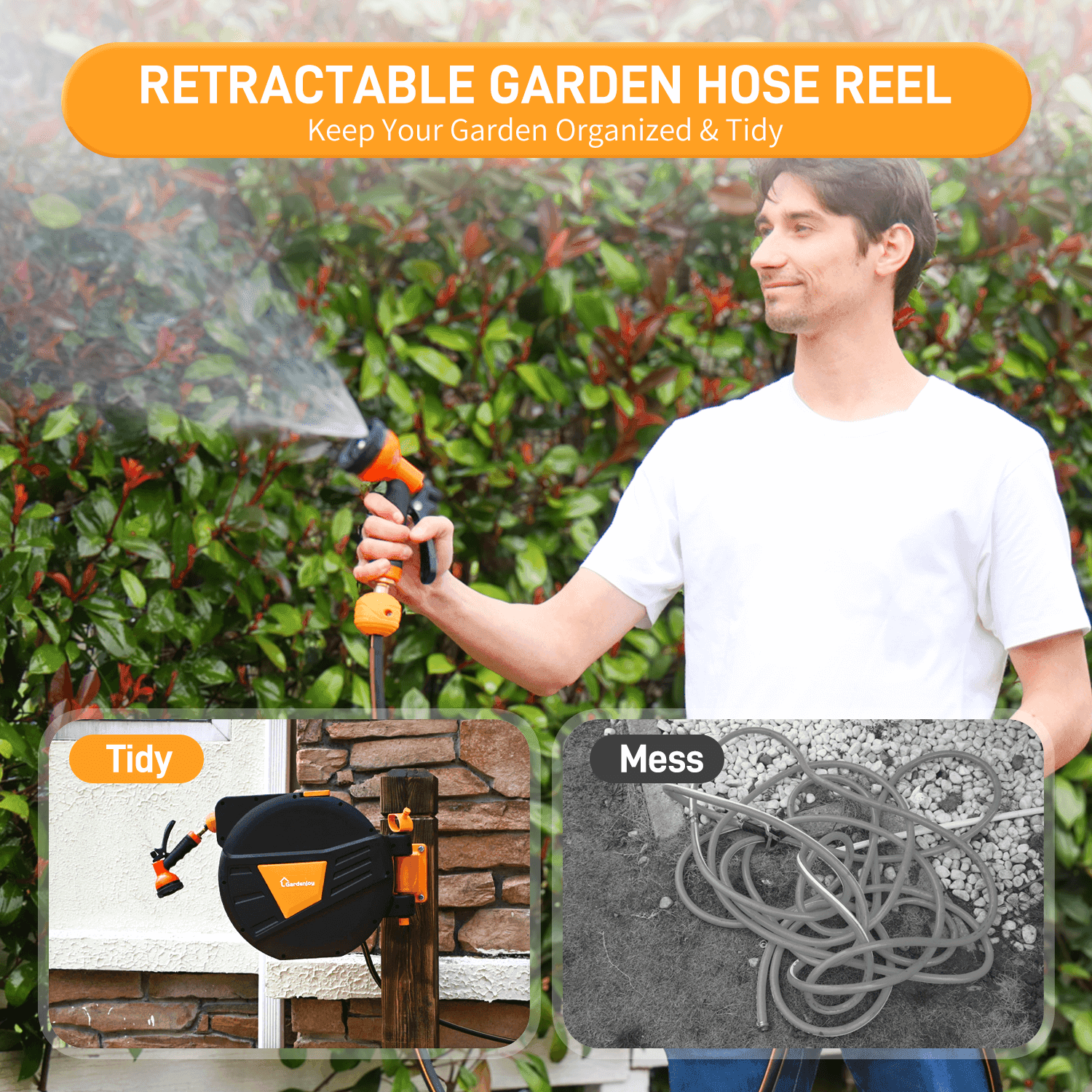 GardenJoy Orange automatic rewind hose, one-touch lock for any length, special leak-proof design, with 10-mode nozzle + 180° rotating bracket - Gardenjoy